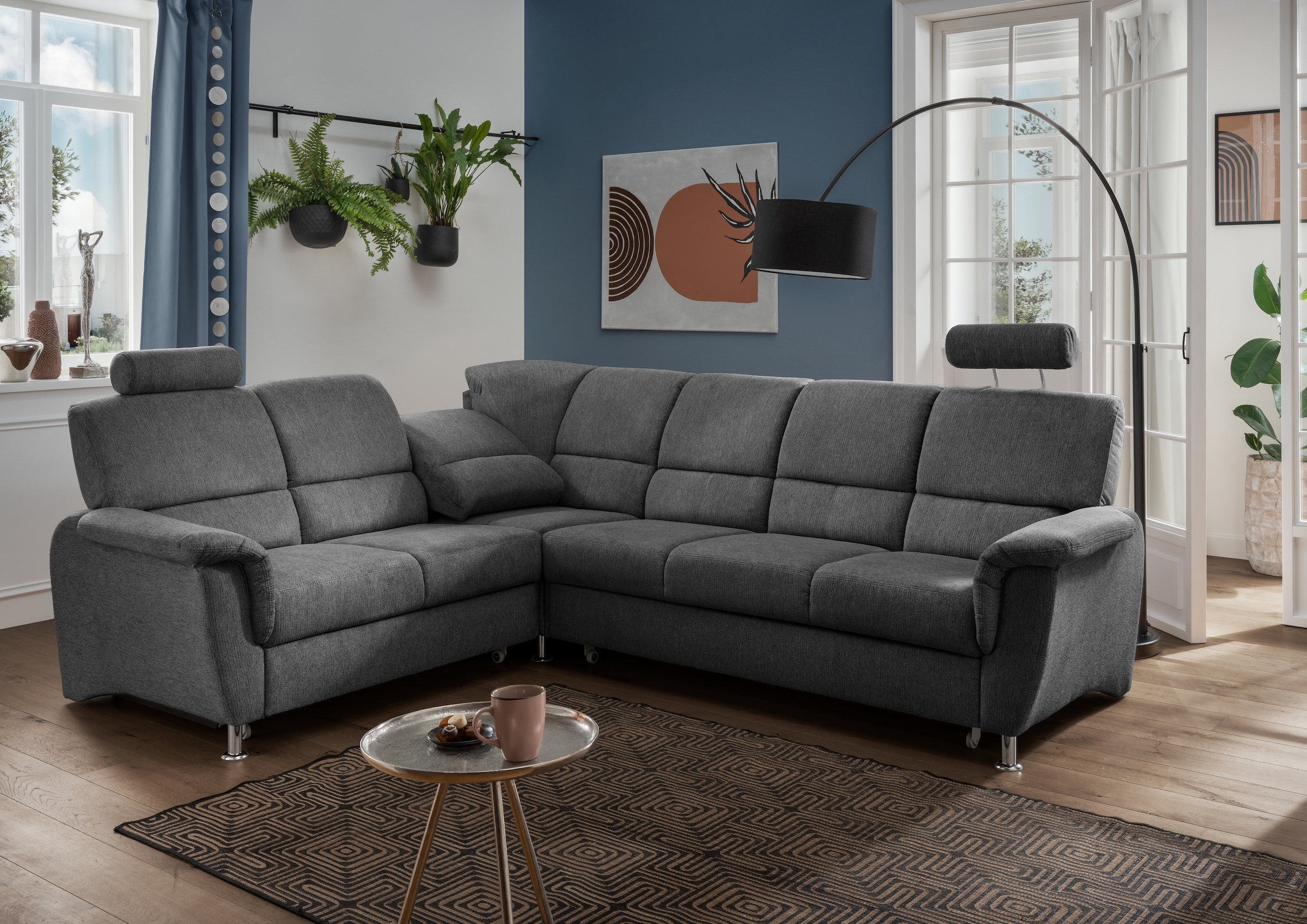 Home affaire Ecksofa »Pisa L-Form, mit Schlaffunktion, Stauraum, 2x höhenverstellbare«, Kopfstützen und Relaxfunktion im Eckelement