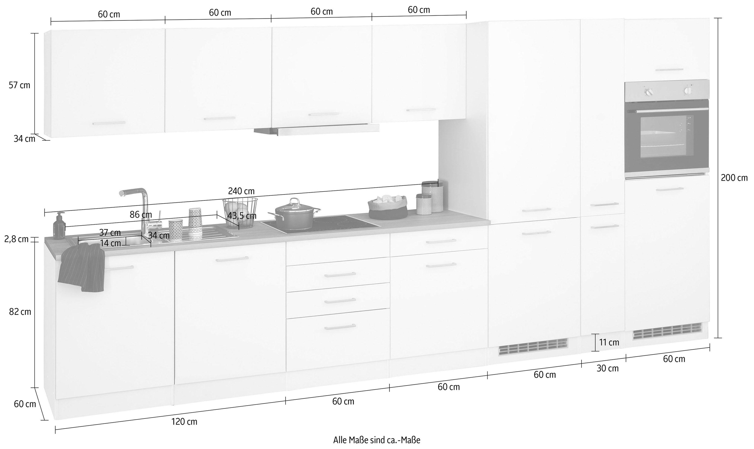 KOCHSTATION Küchenzeile »KS-Visby«, mit E-Geräten, Breite 390 cm inkl. Kühl/Gefrierkombination