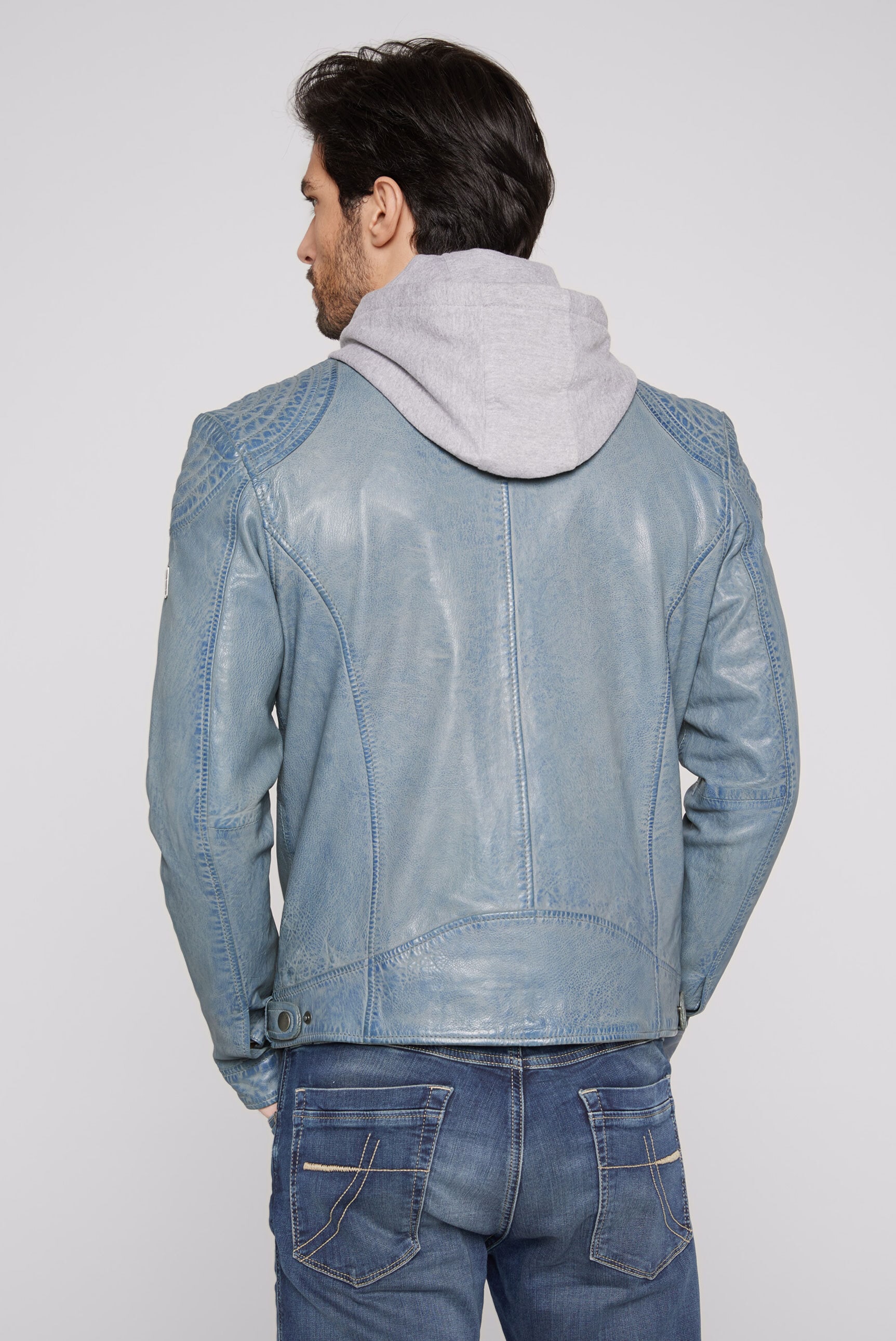 CAMP DAVID Lederjacke, mit Kapuze, mit Druckknopfriegel hinten am Saum
