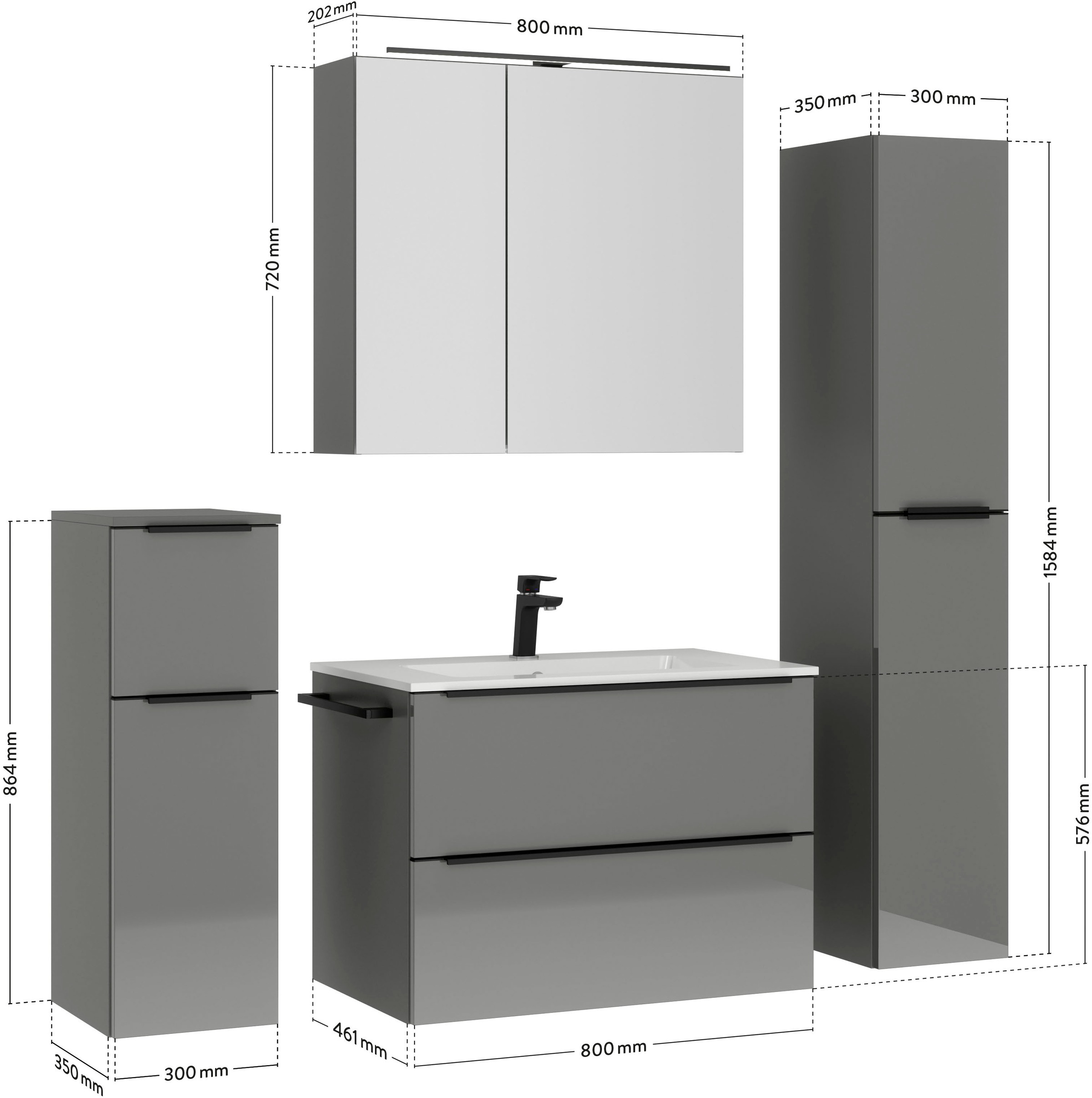 nobilia® Badmöbel-Set »Levere«, (4 St., vormontiert, mit Soft-Close), inkl. Spiegelschrank mit Beleuchtung und Dimmerfunktion, in 4 Breiten