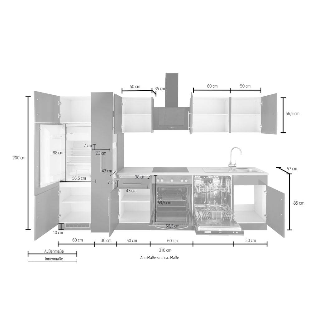 wiho Küchen Küchenzeile »Cali«, mit E-Geräten, Breite 310 cm