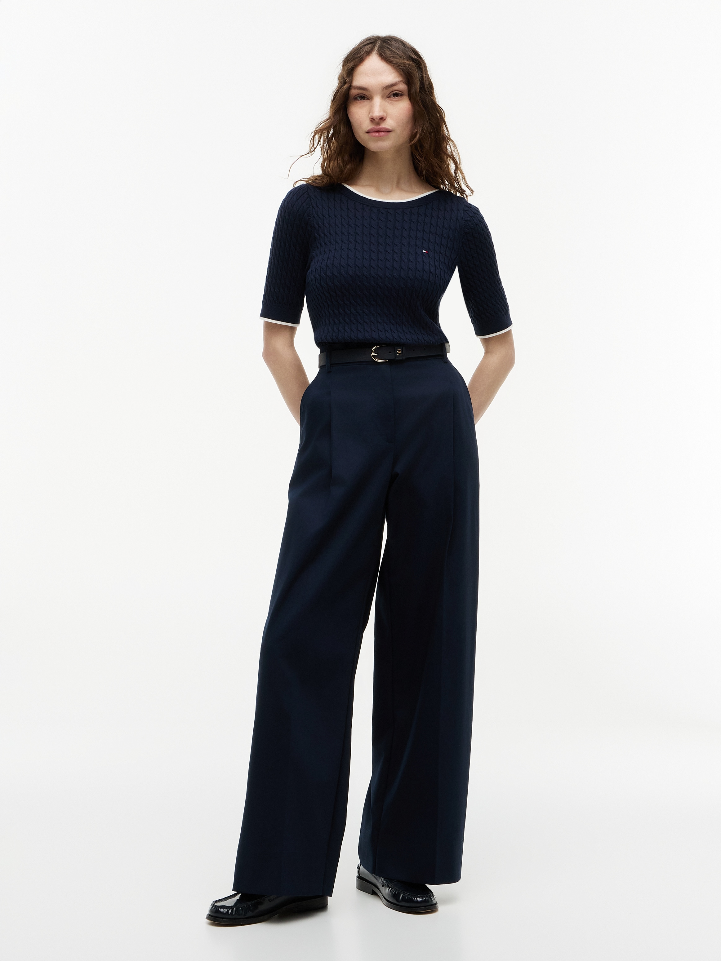 Tommy Hilfiger Kurzarmpullover »FINE GG CABLE BOAT NK S/S« Baumwolle, mit Zopfstrickmuster