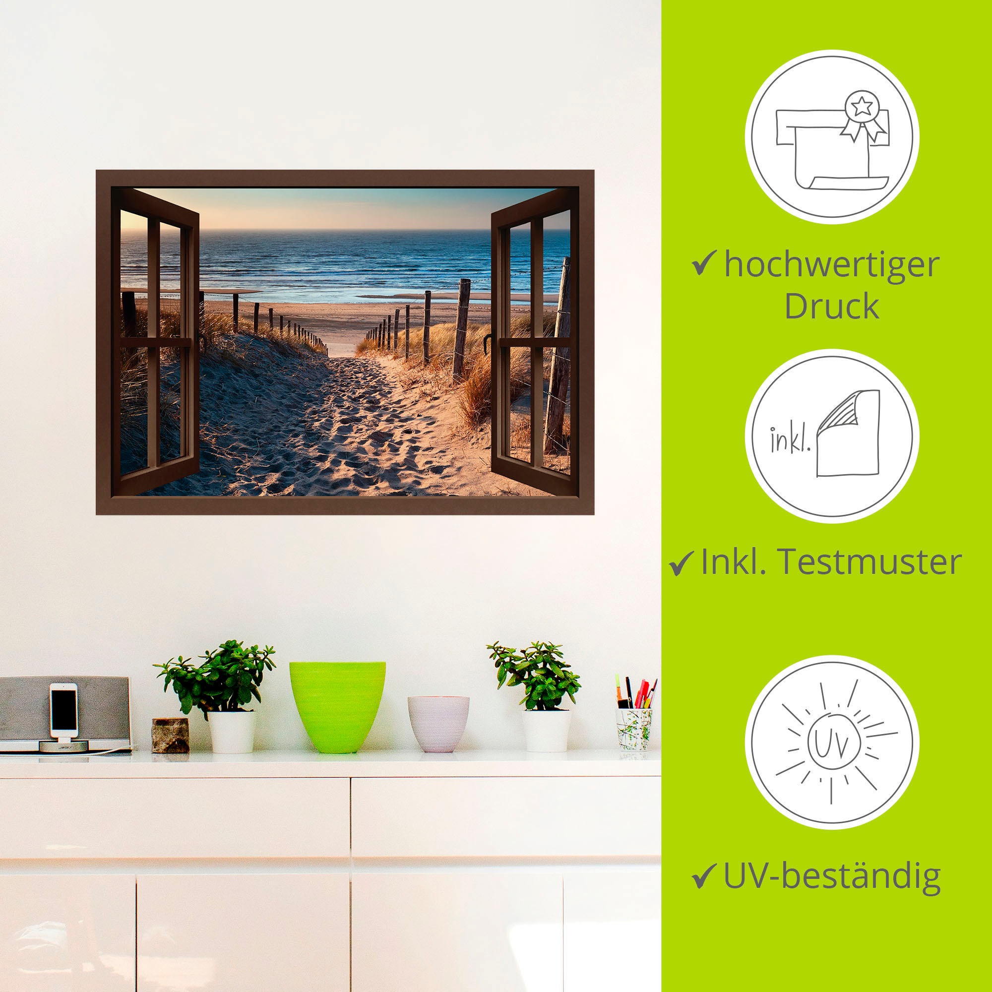 Artland Wandbild »Fensterblick Weg zum Nordseestrand«, Strand, (1 St.), als Leinwandbild, Poster, Wandaufkleber in verschied. Größen
