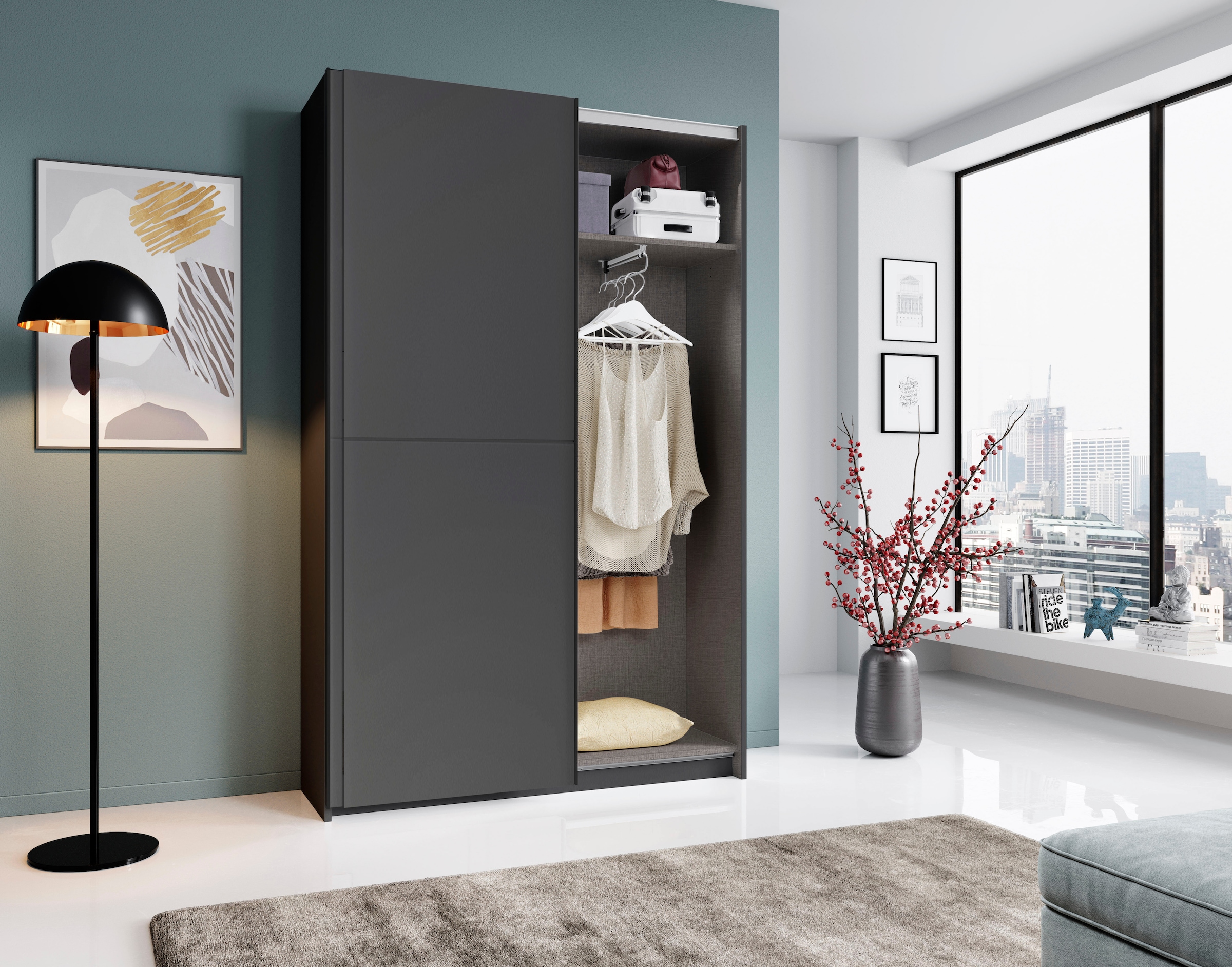 Schlafkontor Schwebetürenschrank »Heimo/Fast Schrank Kleiderschrank Garderobe«, geringe Tiefe, ausziehbarer Kleiderstange, Garderobenschrank, 6 Böden