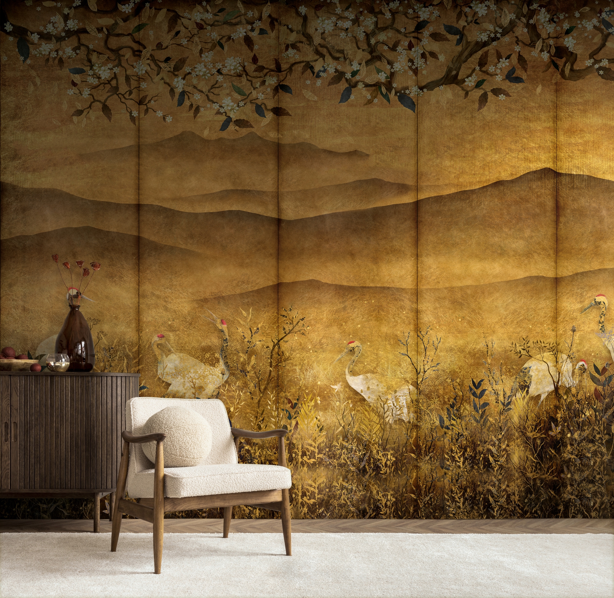 living walls Fototapete "The Wall 4 Flowers – Goldene Berge mit Blüten und Vögeln Fototapete" botanisch floral matt leicht strukturiert Goldene Berge mit Blüten und Vögeln – atmosphärischer Tiefe