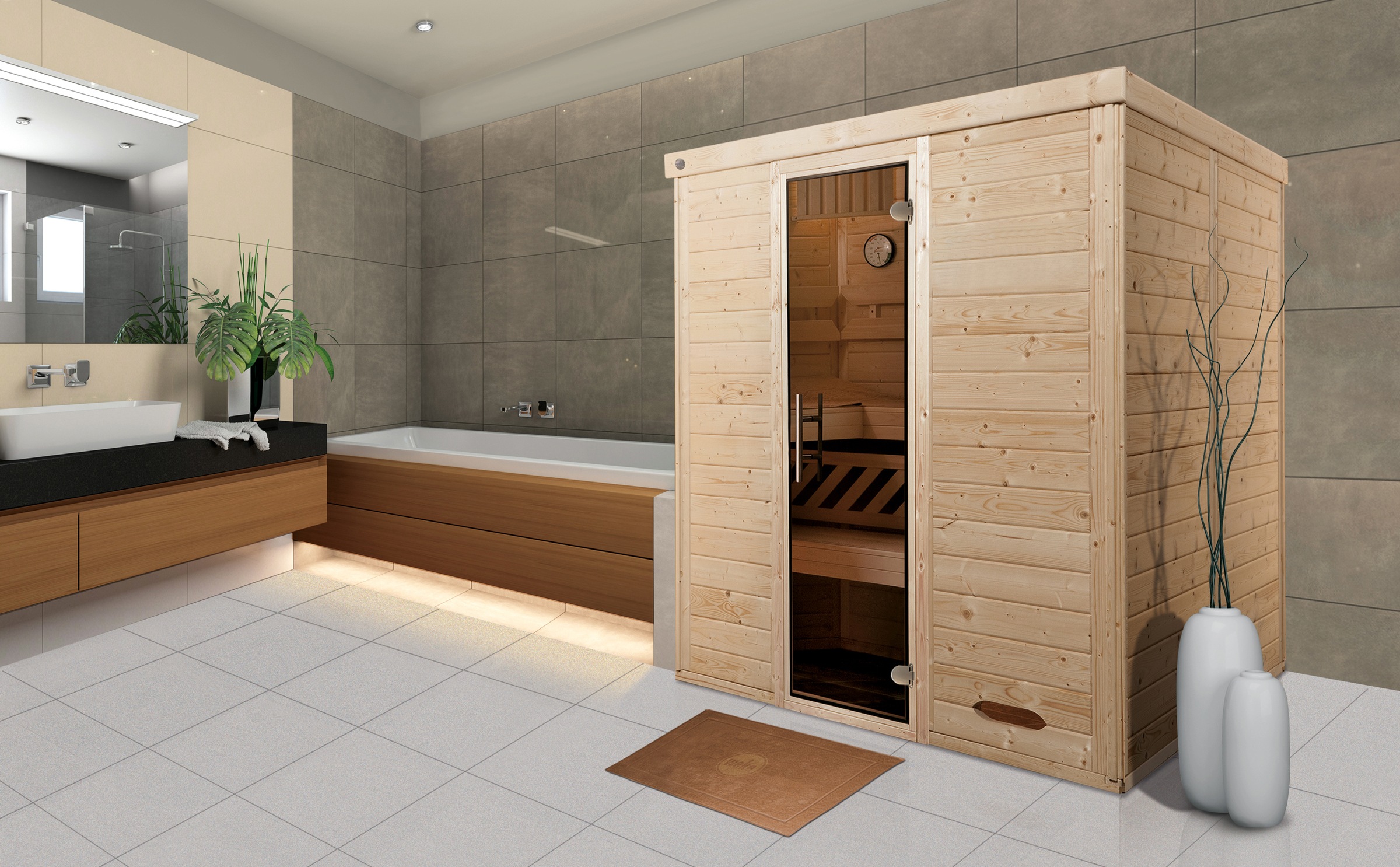 weka Sauna »Premium-Massiv-Elementsauna KEMI 4«, Blockbohlen, vorgefertigte Elemente, moderne Ganzglastür