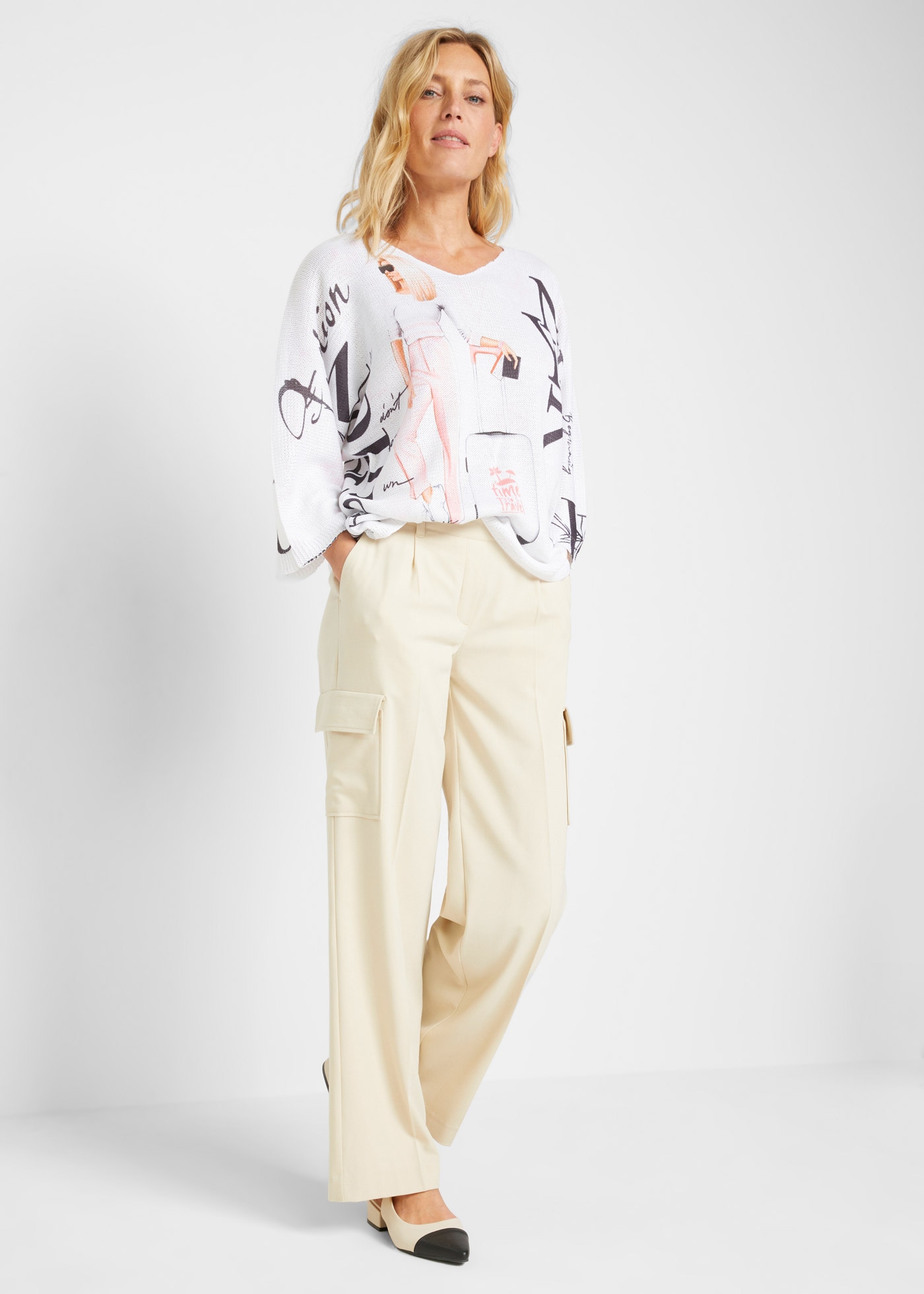 bonprix Strickpullover 3/4-Fledermausärmel, cooler Alloverprint, bequeme Passform