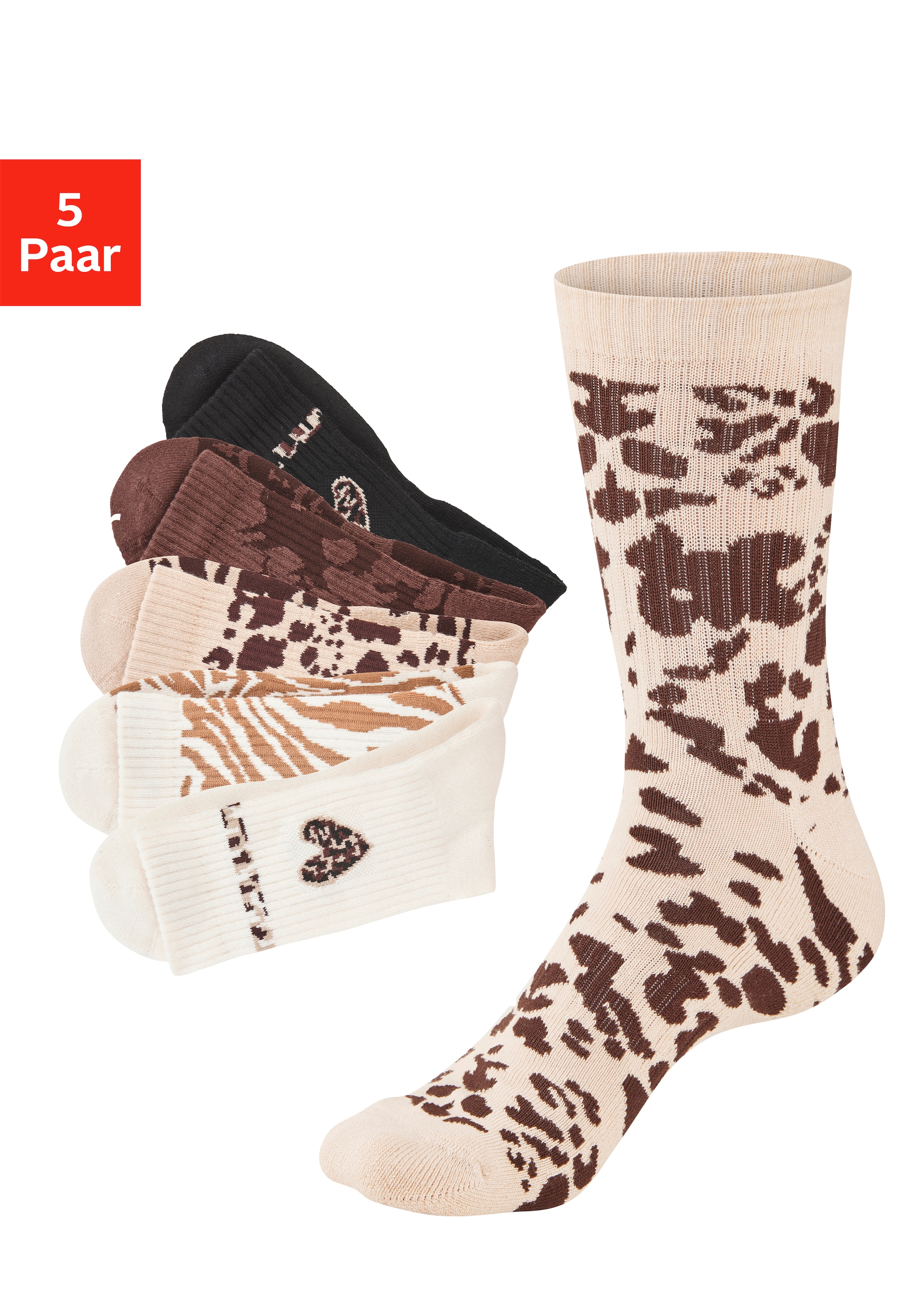 Buffalo Tennissocken "Damen Fußfrottee Sportsocken; modisch" Packung, 5 Paar tlg. in unterschiedlichen Animal Muster Designs