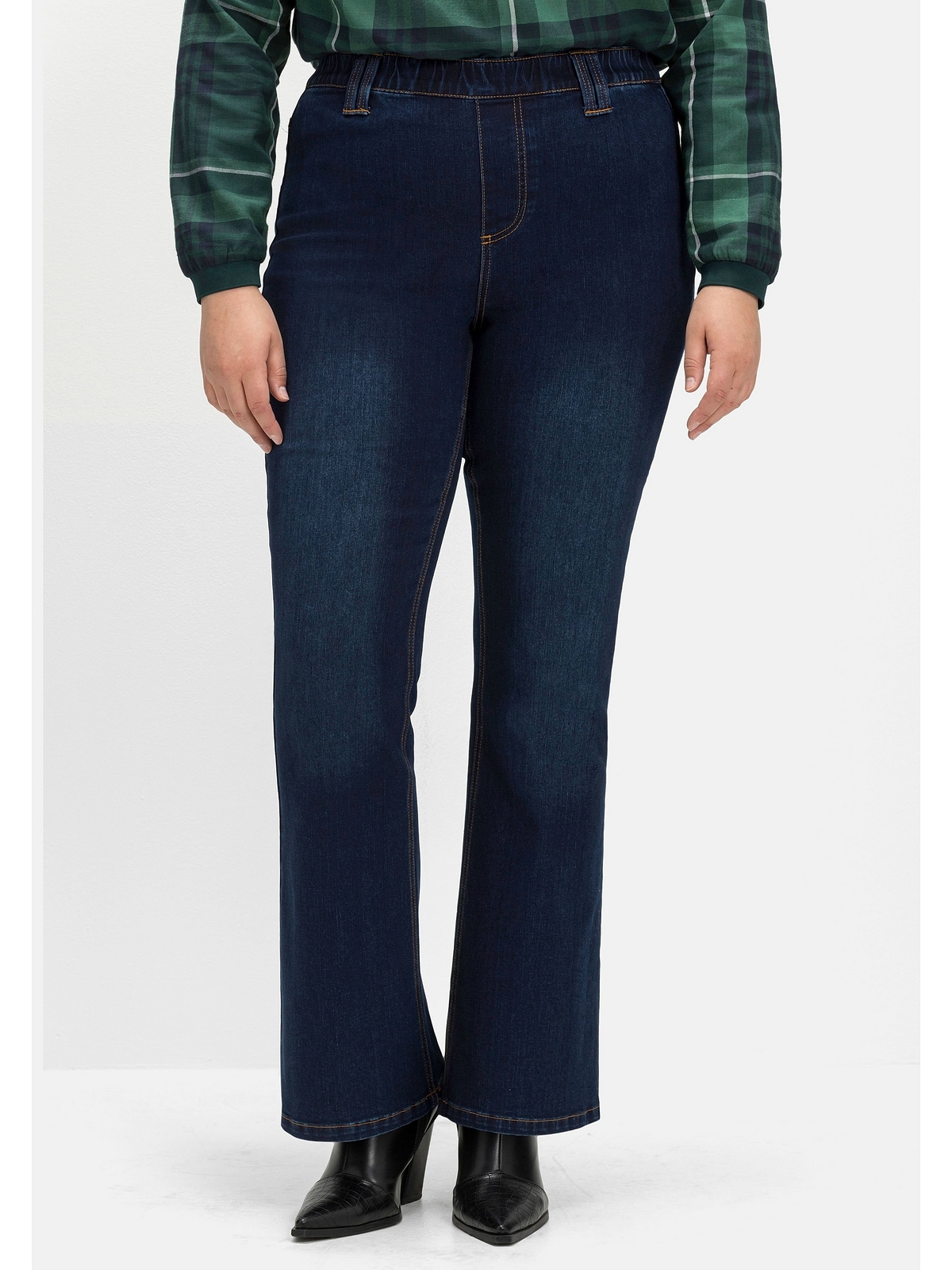 mit und Sheego Kontrastnähten online Gummibund Größen«, kaufen BAUR »Große Bootcut-Jeans |