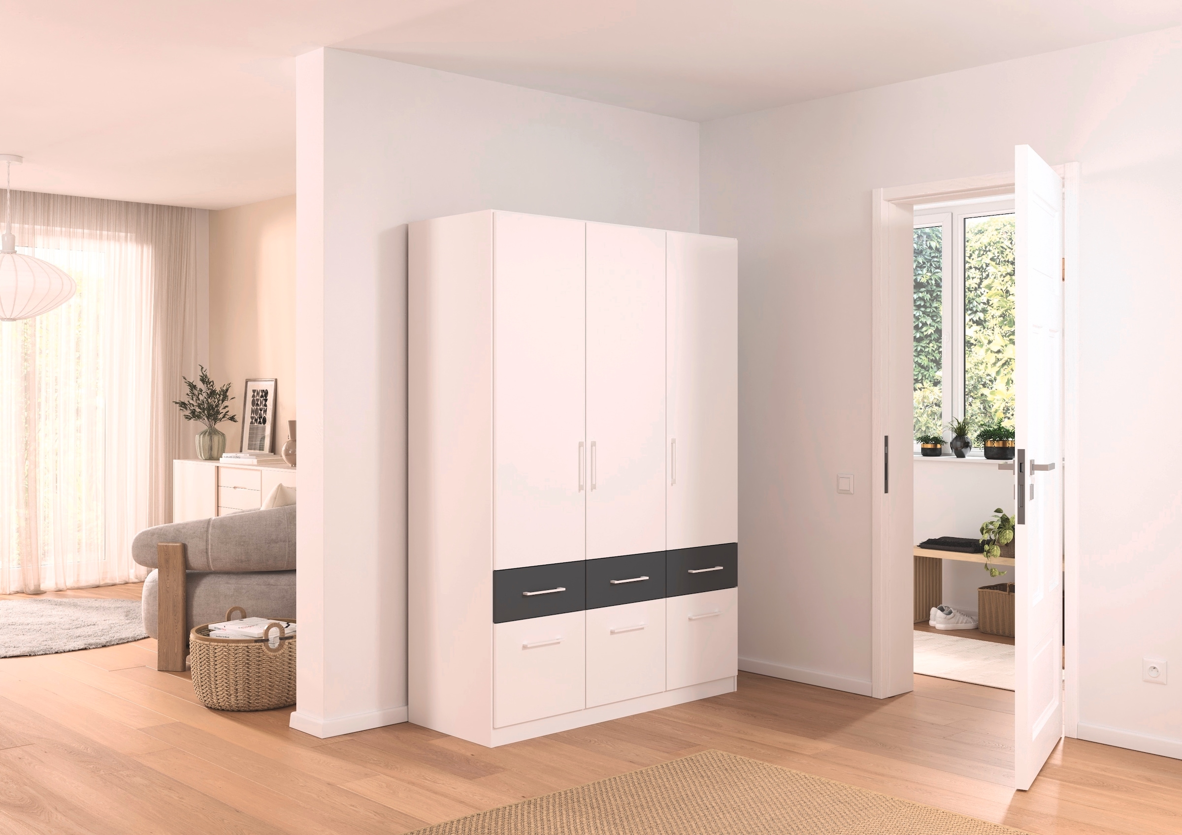 rauch Kleiderschrank »Kleiderschrank Schrank Garderobe Wäscheschrank DUNDEE«, (mit 3 Griff-Varianten), Schubladen in zwei Höhen, optional mit Spiegel MADE IN GERMANY