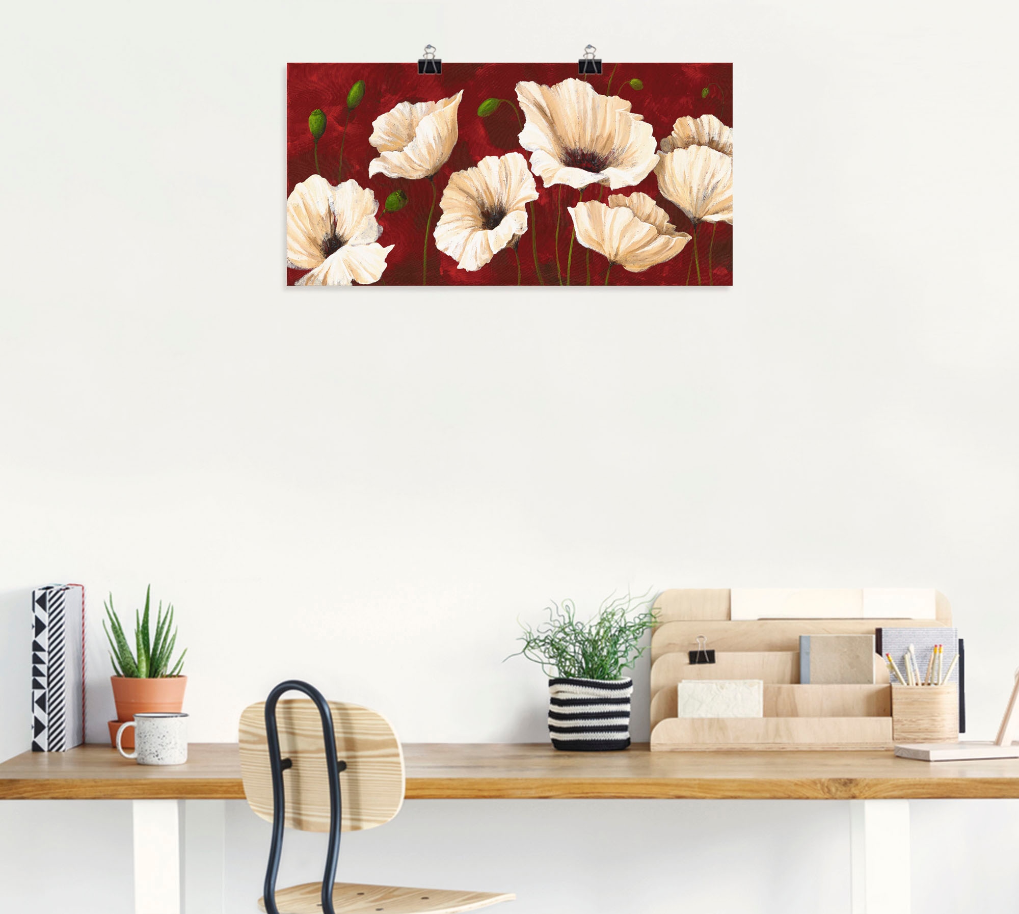 Artland Wandbild »Weiße Mohnblumen vor rot«, Blumen, (1 St.), als Alubild, Outdoorbild, Leinwandbild, Poster, Wandaufkleber