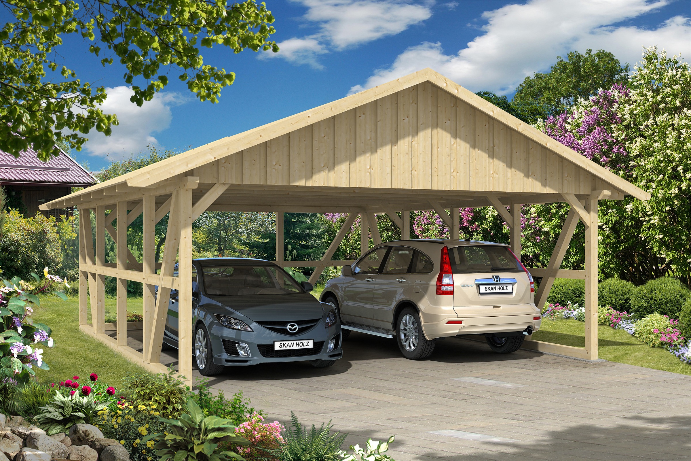 Skanholz Doppelcarport »Schwarzwald«, 560 cm, Natur, mit Rückwand, mit Dachschalung
