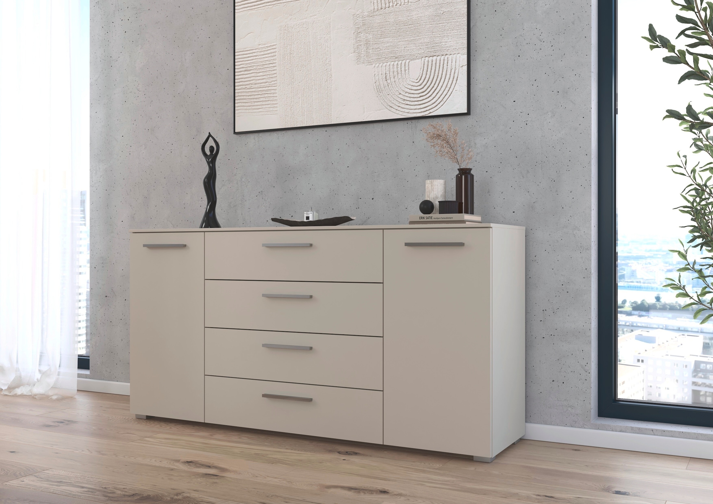 rauch Kombikommode »Sideboard Schubkommode Kommode MONTCLAR Front Dekor/Hochglanz/Glas« Breite 160 / Höhe 81 cm, 2 Einlegeböden, inkl. Soft-Close-Funktion,  2-türig, 4 geräumige Schubladen, viele Griffvarianten MADE IN GERMANY