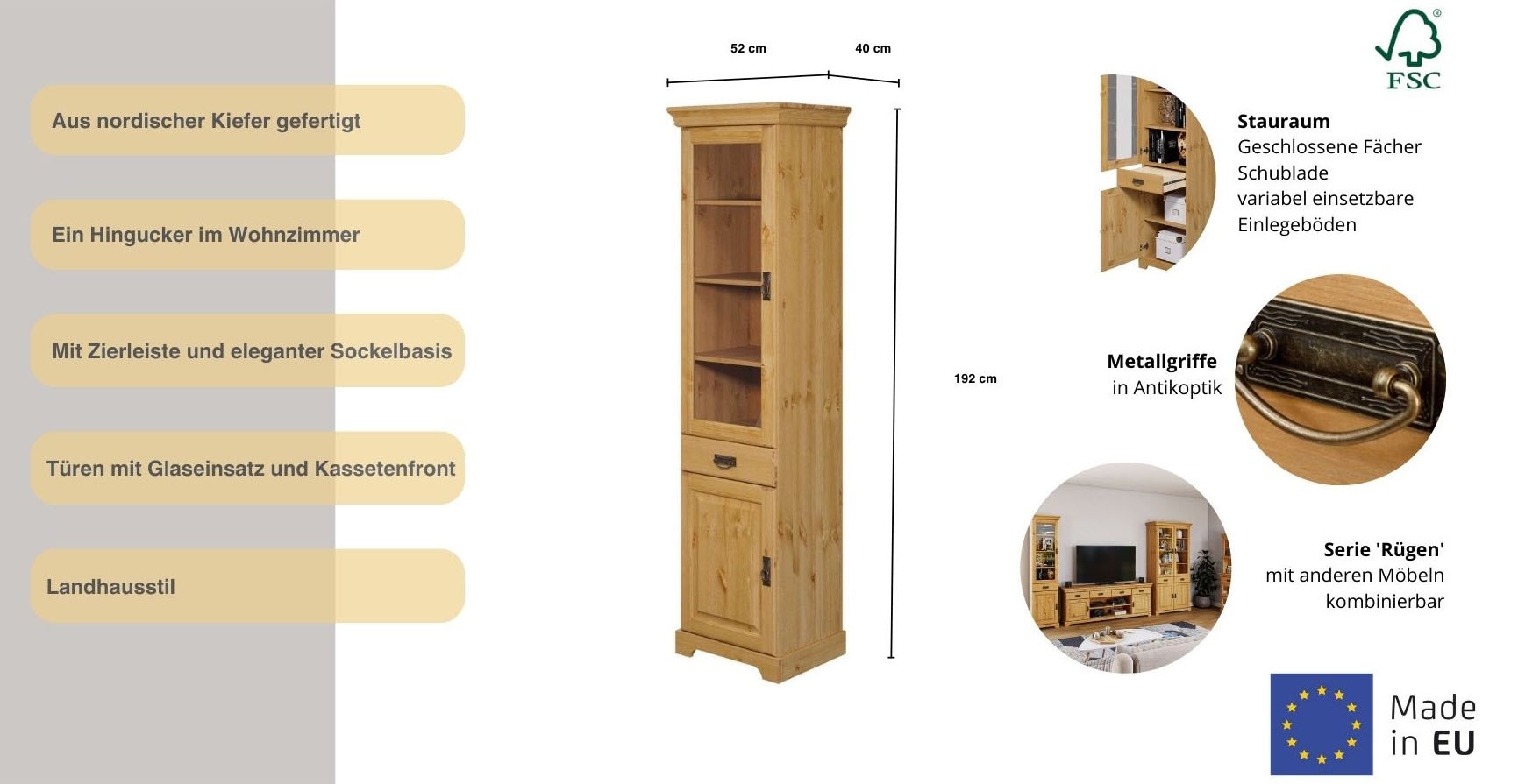 Home affaire Vitrine »Rügen«, zertifiziertes Massivholz, Höhe 192 cm, im Landhausstil