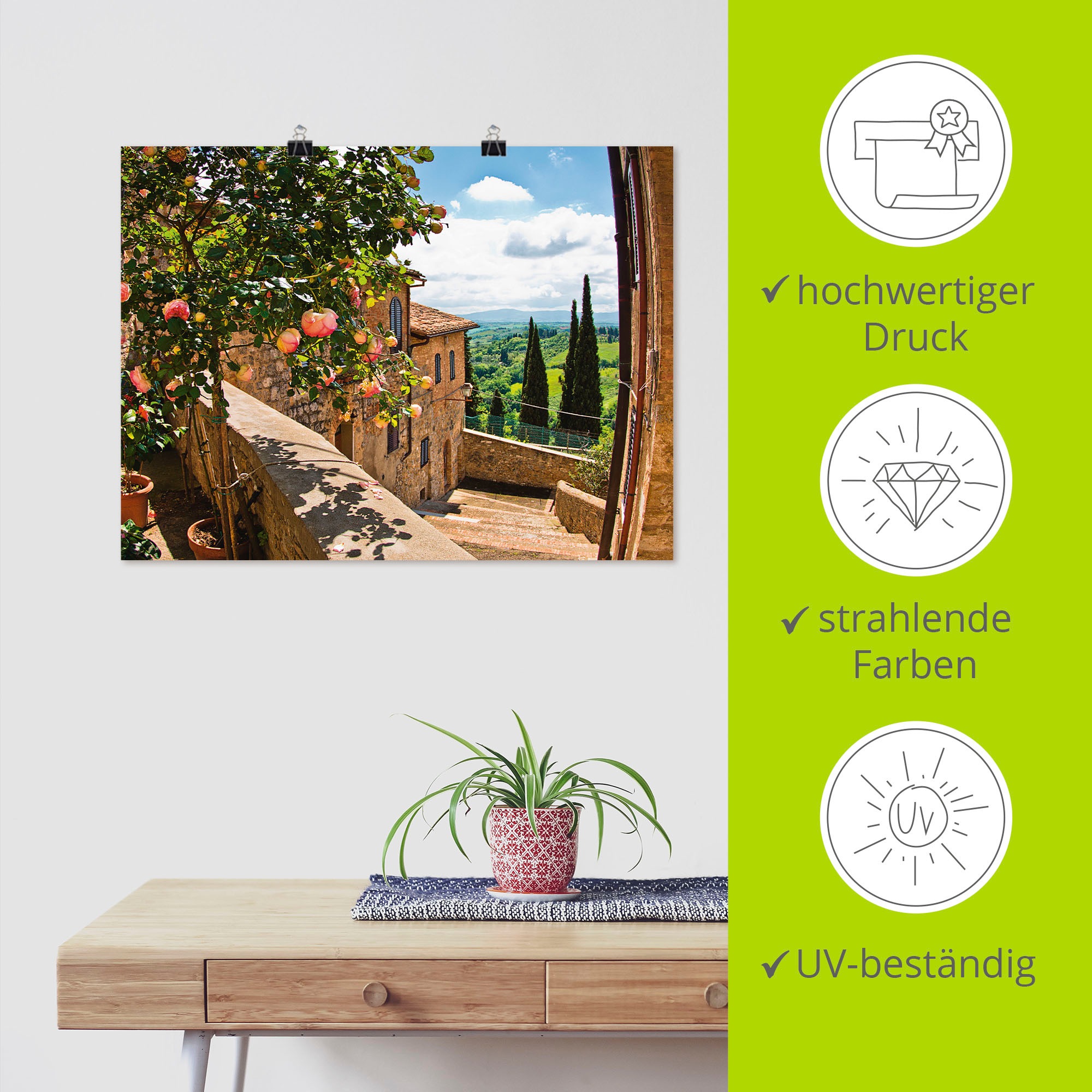 Artland Wandbild »Rosen auf Balkon Toskanalandschaft«, Garten, (1 St.), als Alubild, Outdoorbild, Leinwandbild, Poster, Wandaufkleber