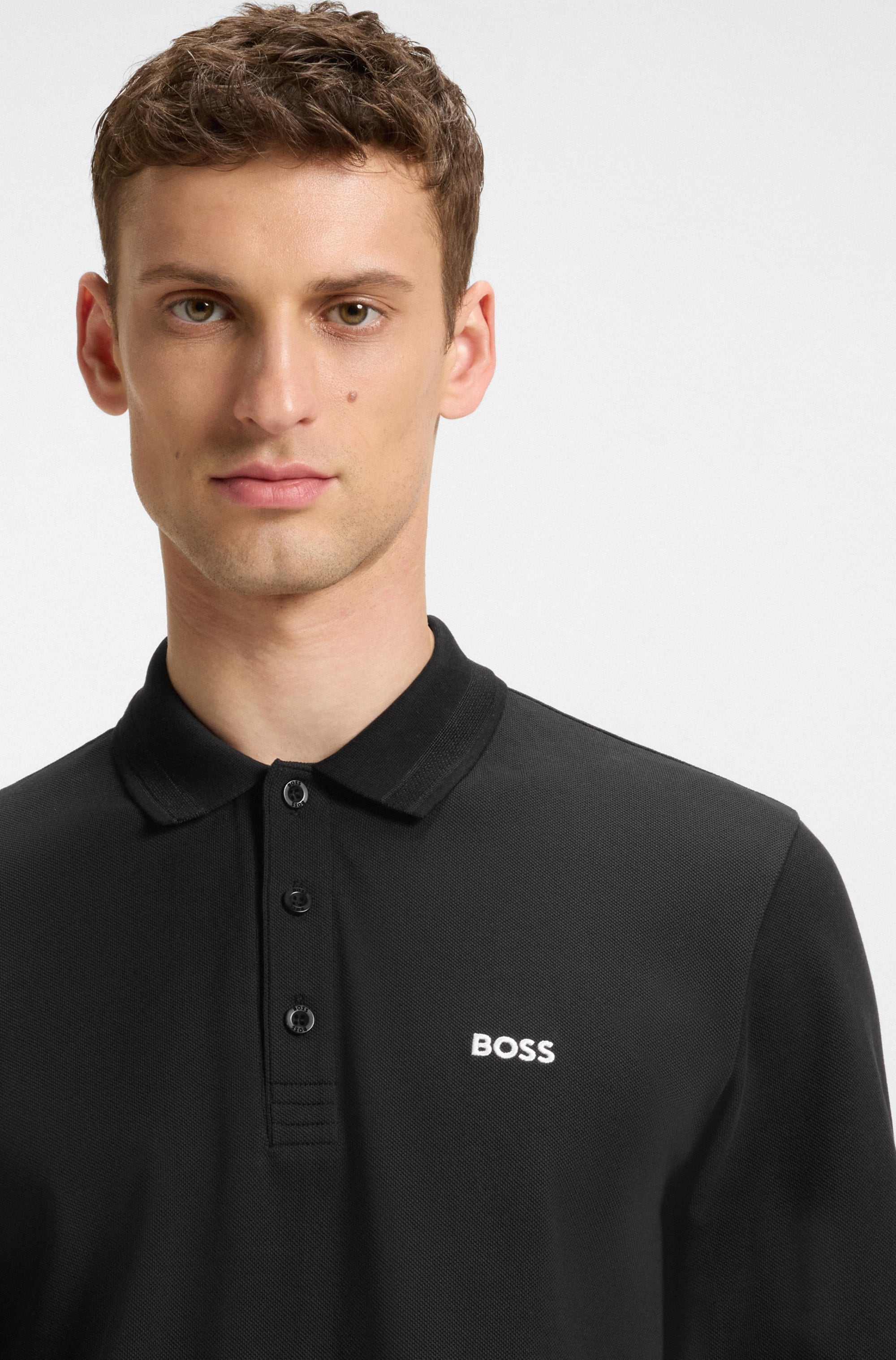 BOSS GREEN Langarm-Poloshirt »Plisy«, mit Streifen am Kragen