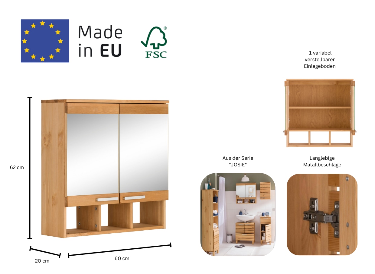 Home affaire Spiegelschrank »JOSIE«, Breite 60 cm, aus Massivholz, verstellbarer Einlegeboden, Metallgriffe