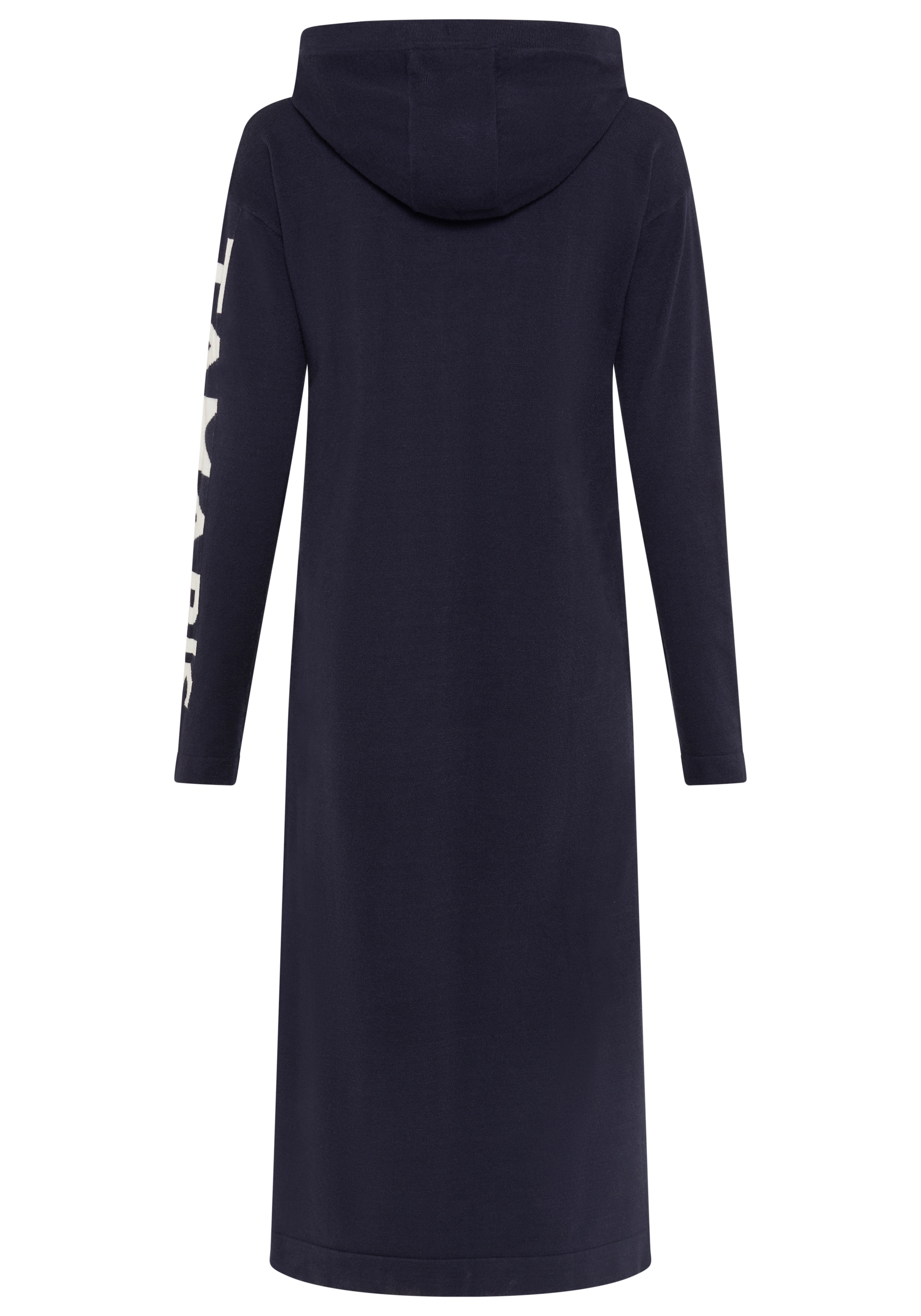 Tamaris Strickkleid »mit Kapuze und Kordelzug, lässig geschnitten, wadenlang« Seitennahttaschen mit Schriftzug-Details an den Ärmeln