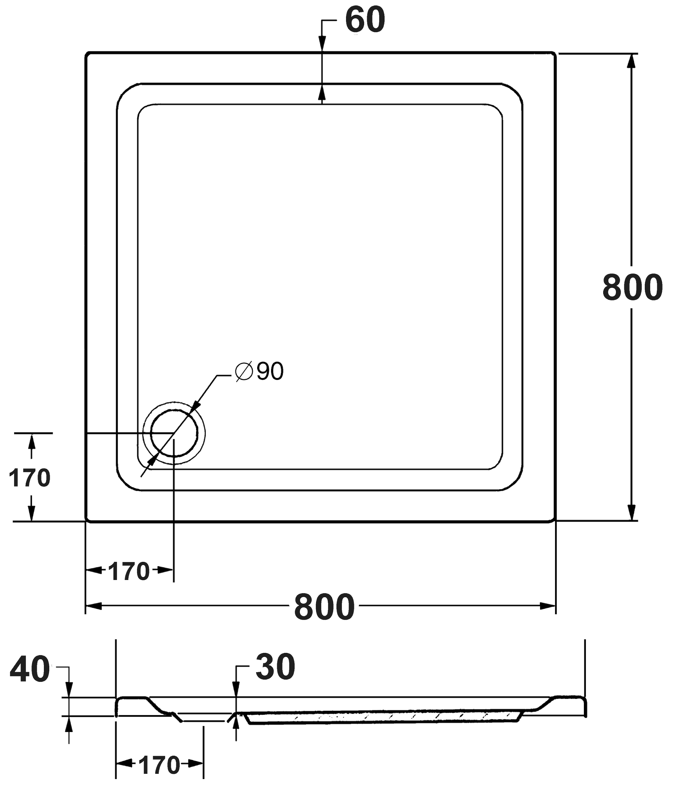 OTTOFOND Duschwanne Set,  80x80x3 cm, mit Wannenträger, Ablaufgarnitur und Fugendichtband