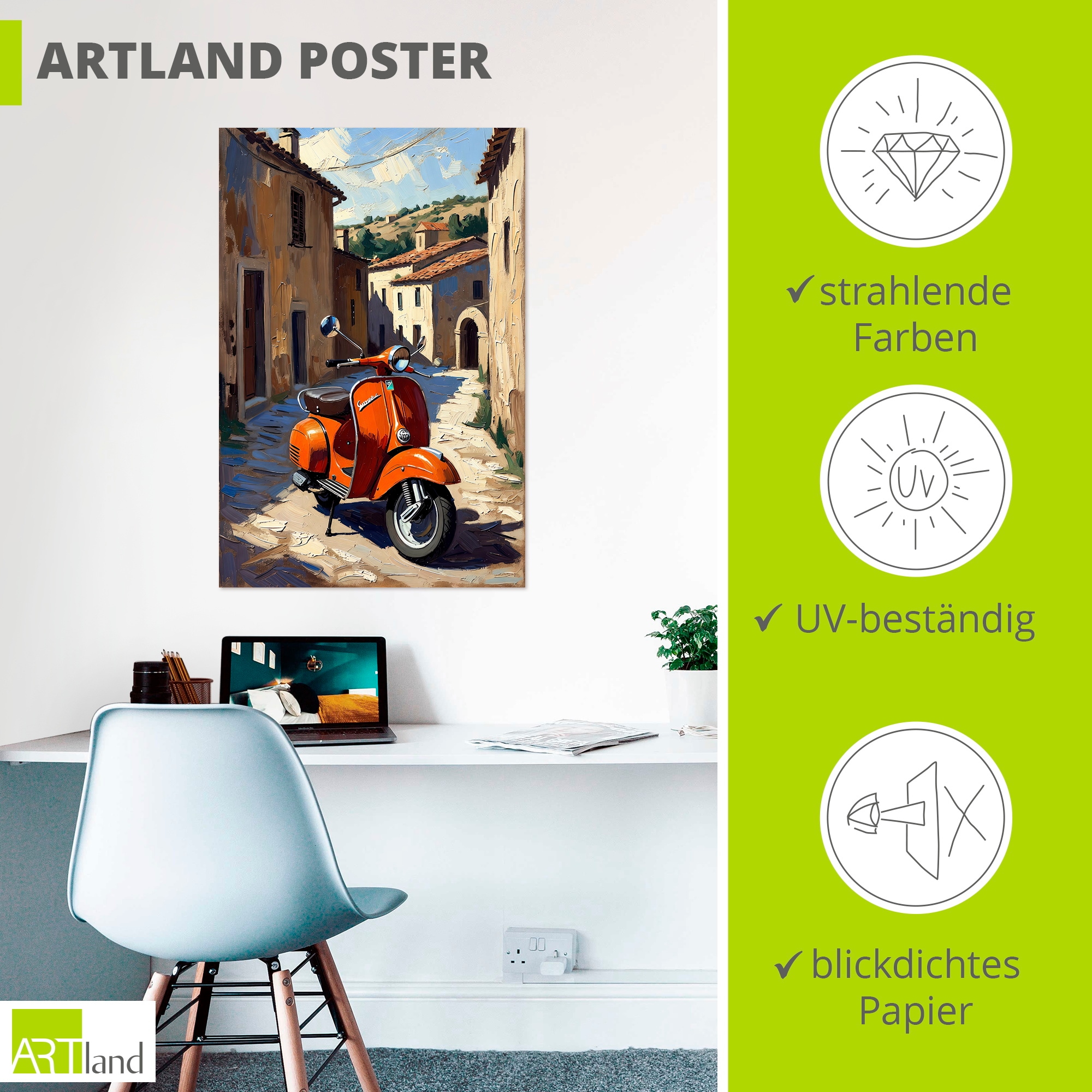Artland Wandbild »Roter Motorroller im Süden von Italien« 1 Stk. tlg. als Alubild, Leinwandbild, Poster, Wandaufkleber in verschied. Größen