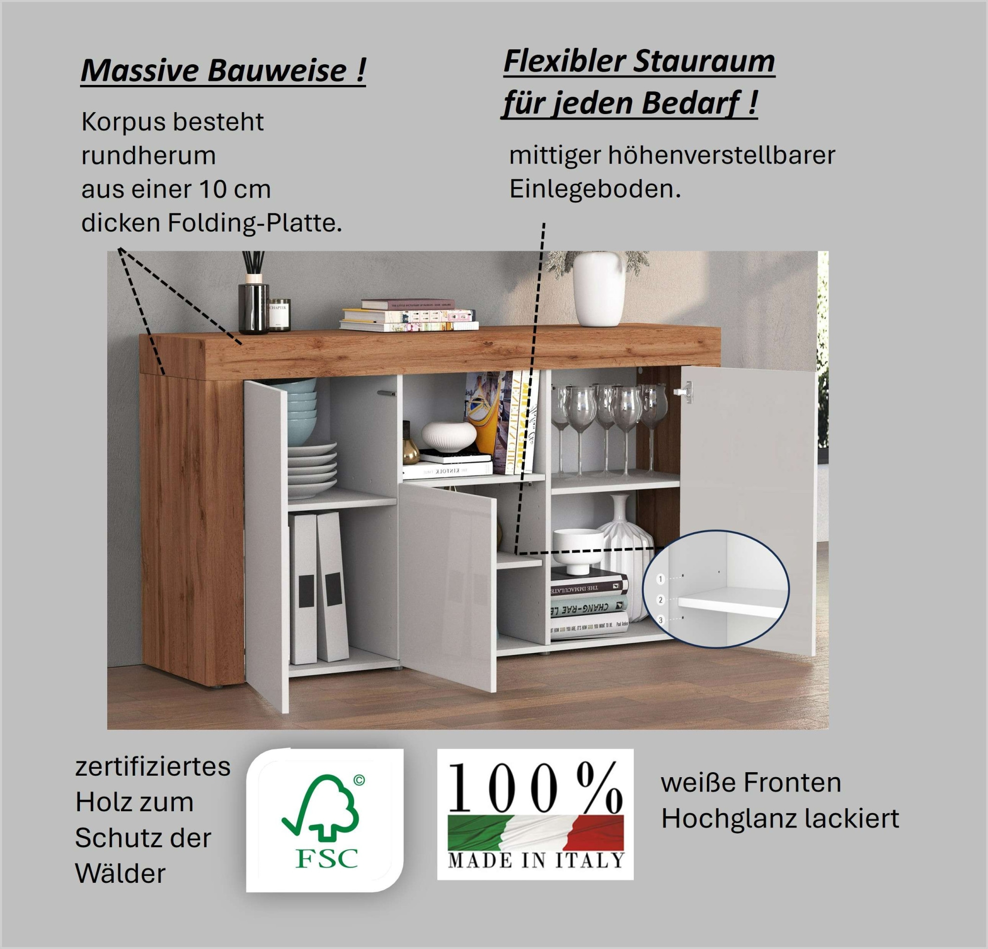 INOSIGN Sideboard »CHRONOS Breite 155 cm mit 3 Türen, 1 offenes und 6 geschlossene Fächer«, (1 St.), Sideboard,Kommode, Schrank, Grifflos mit Push to Open, Made in Italy