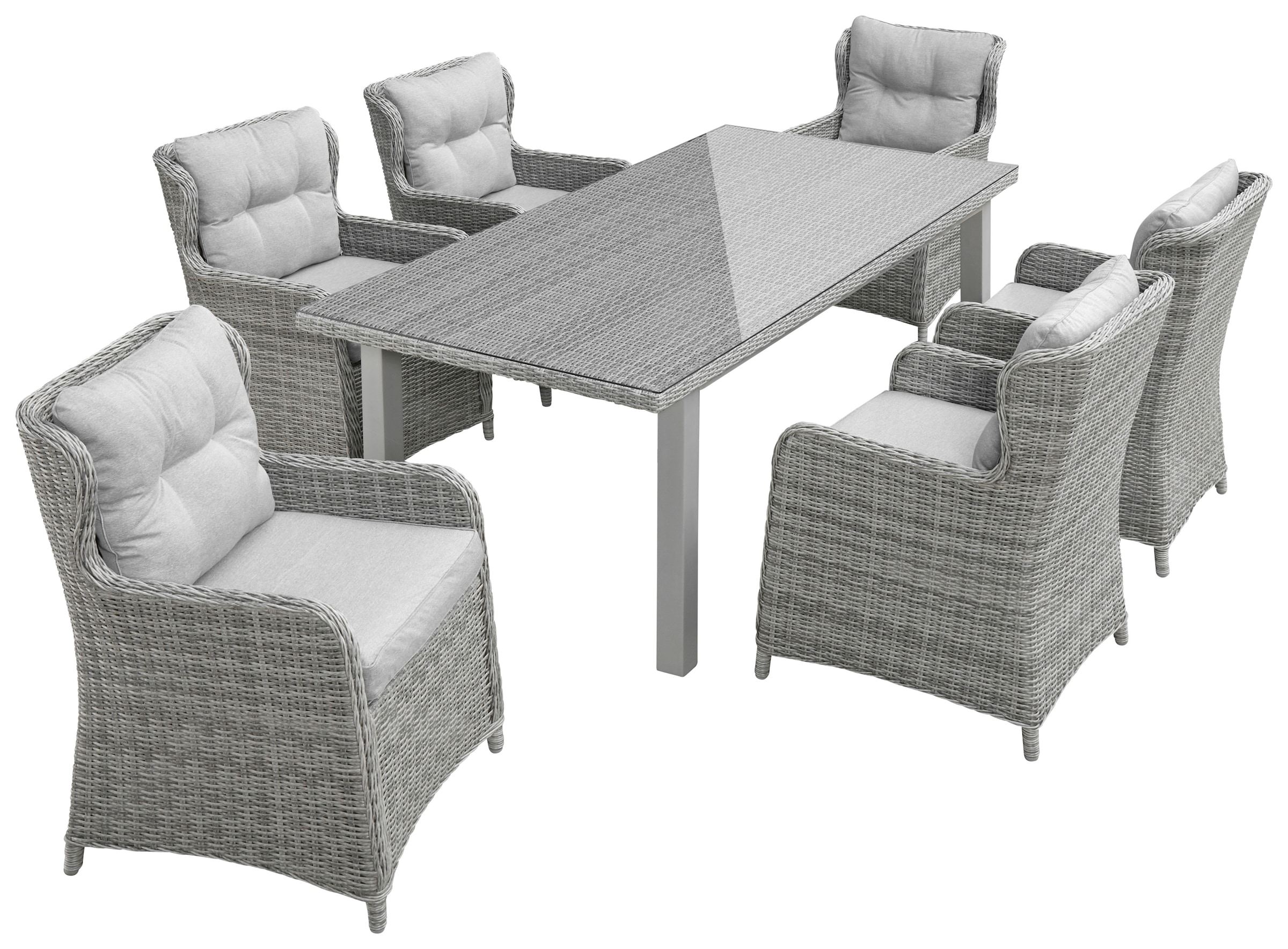 KONIFERA Garten-Essgruppe »Seattle«, (Set, 19 tlg., 6x Sessel, 1xTisch 170x90 cm, inkl. Auflagen, Polyrattan, Aluminium), Tischbeine aus Kieferholz, Tischplatte aus 5mm starkem Sicherheitsglas