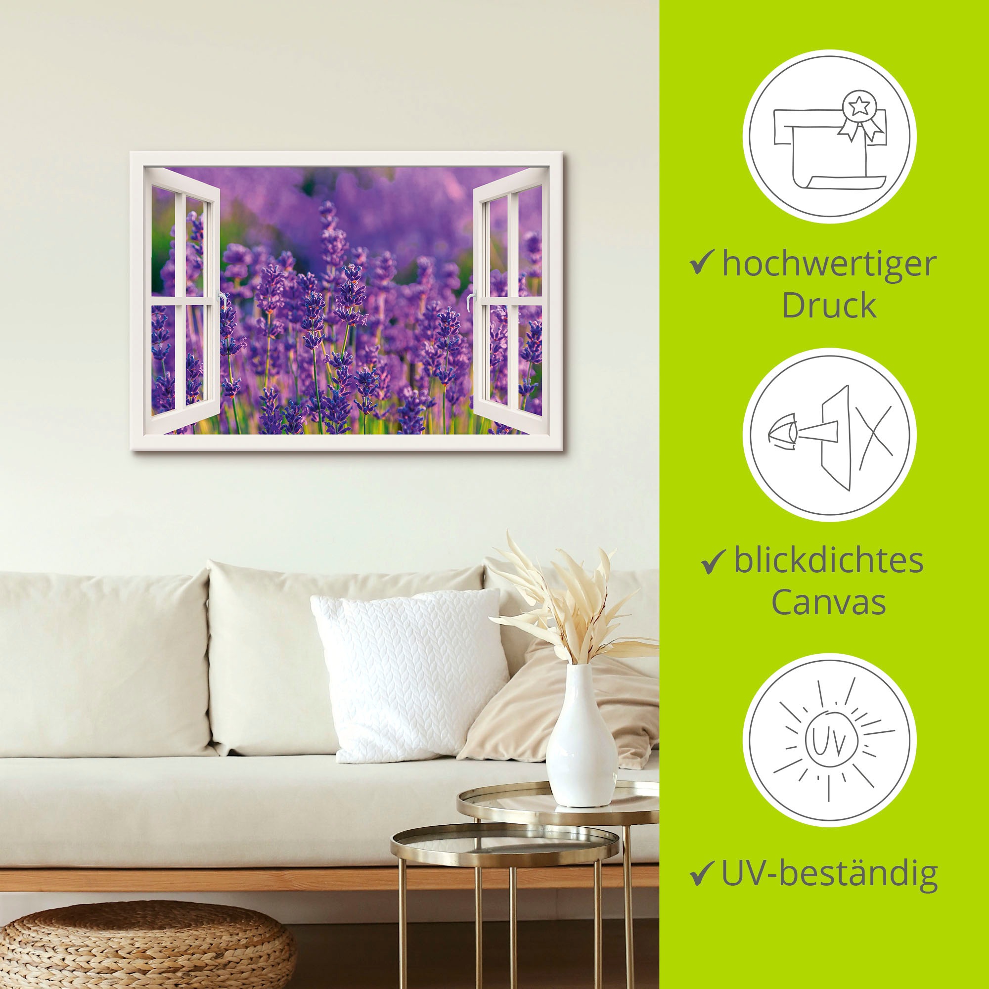 Artland Wandbild »Fensterblick Lavendelfeld in Tihany«, Blumenwiese, (1 St.), als Leinwandbild, Wandaufkleber in verschied. Größen