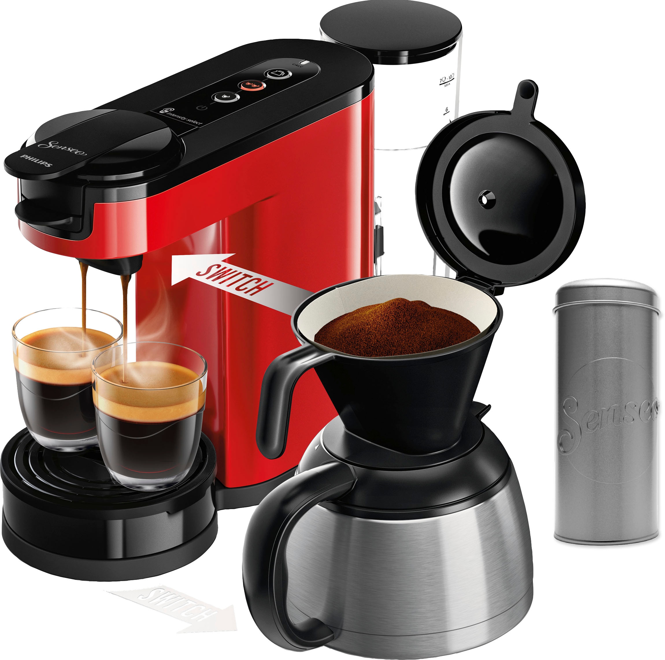 Philips Senseo Kaffeepadmaschine "Switch HD6592/84", 1 l Kaffeekanne, inkl. Kaffeepaddose im Wert von 9,90 € UVP