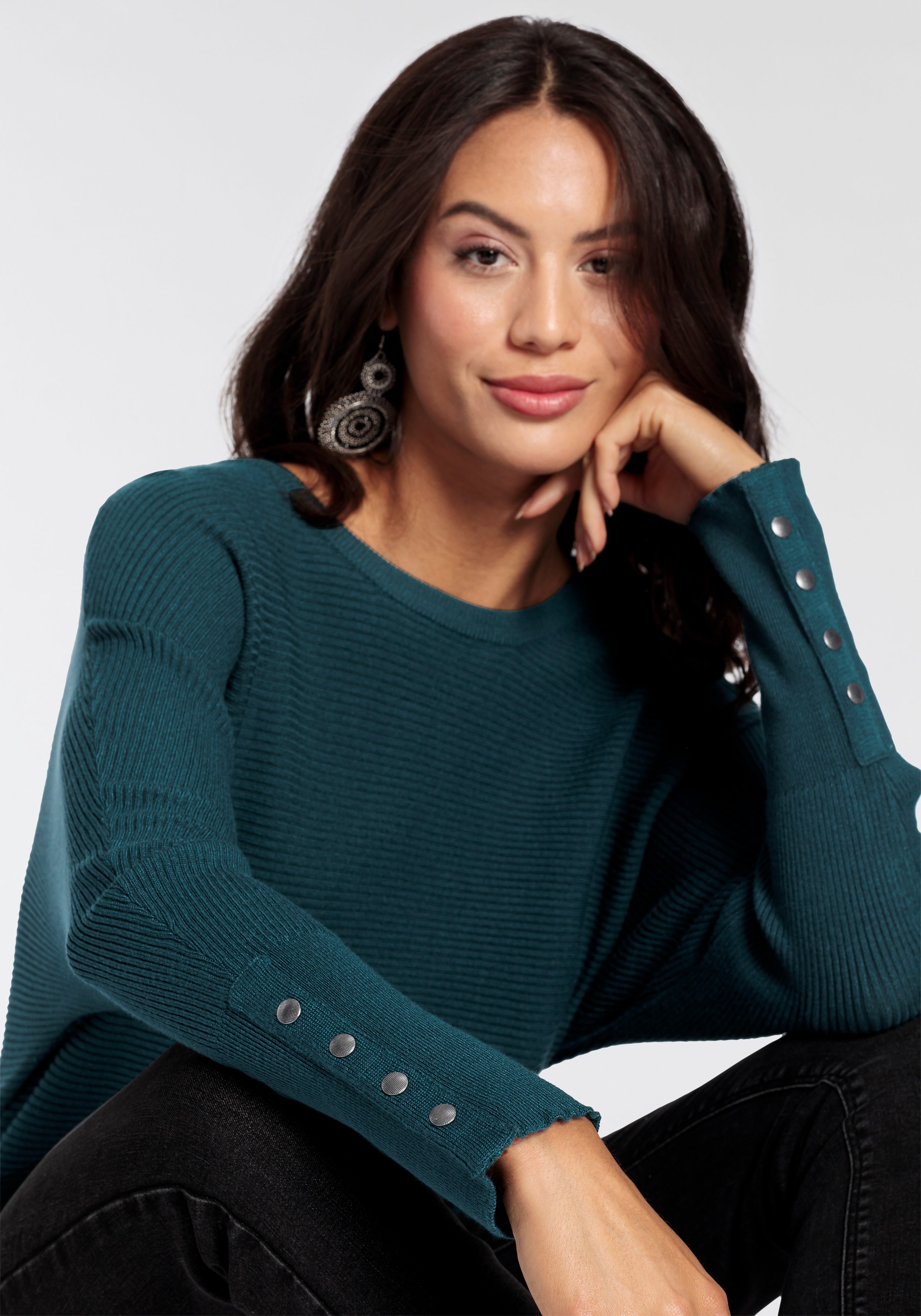 Fledermauspullover LAURA SCOTT, Damen, Gr. 48, blau (petrol), Strick, Obermaterial: 70% Viskose, 30% Polyamid, clean, unifarben, figurumspielend hüftlang, Rundhals, angesetztes Bündchen mit Druckknöpfen, Pullover, Übergangspullover mit überschnittenen Ärm 3