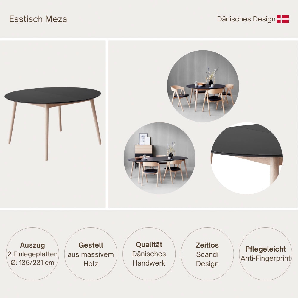 Hammel Furniture Esstisch »Meza Designtisch mit Auszugsfunktion und 2 Einlegeplatten« Ø135(231) cm, runde Tischplatte aus MDF/Laminat, Massivholzgestell