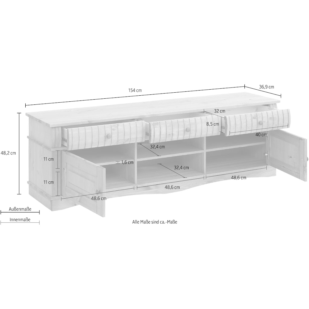 Home affaire Lowboard »Teresa«, Breite 154 cm, Fernsehtisch, aus massiver Kiefer