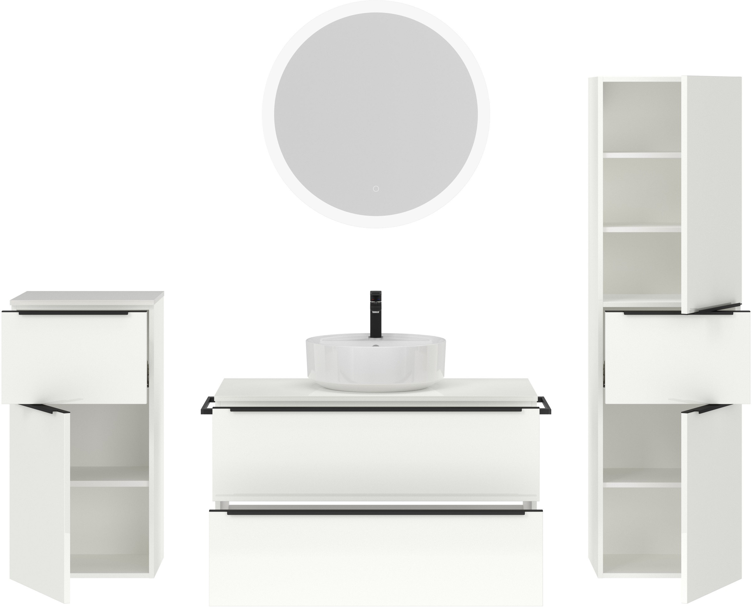 nobilia® Badmöbel-Set »Alvene«, (4 St., vormontiert, mit Soft-Close), Hochglanz, inkl. Spiegel mit Touch-Sensor, in vier Breiten