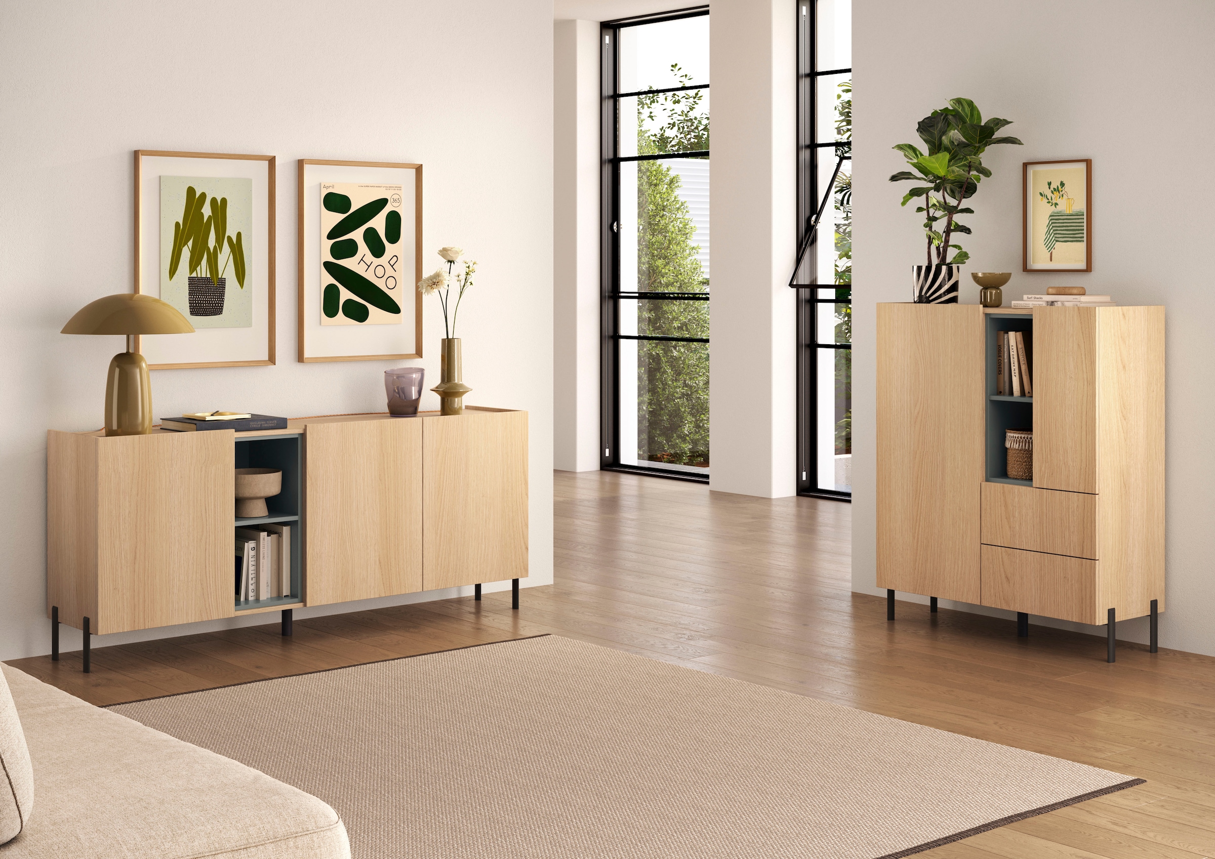 OTTO home Highboard »Badia, B/H 101/124 cm, 2 Türen, 2 Schubkästen, Stauraumschrank« Innenliegendes Top, gerade Metallfüße, salbeigrüne Farbakzente