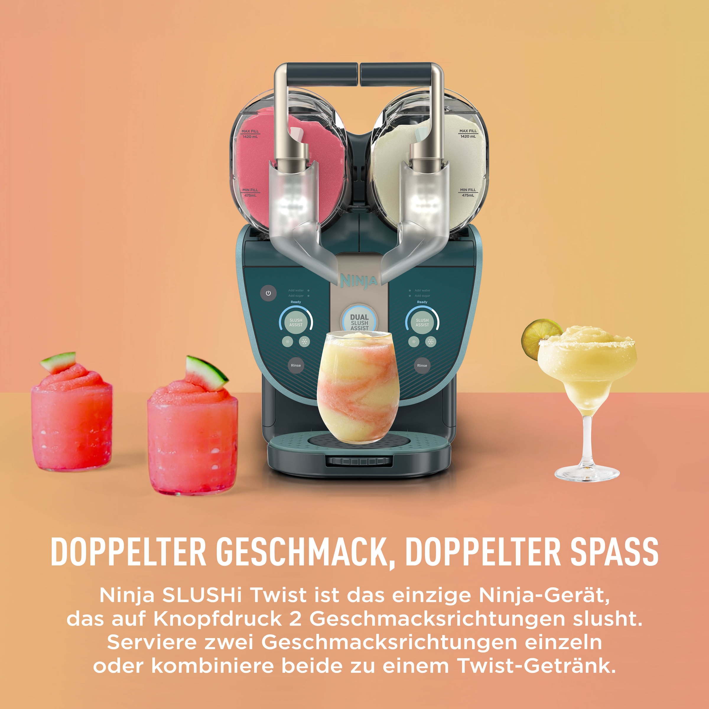 NINJA Slush-Eismaschine »SLUSHi Twist, 2-in-1 SLUSHi Maschine, Dual-SlushAssist-Technologie« 1,42 l 500 W 2 Behälter für gleichzeitige Zubereitung von zwei Geschmacksrichtungen