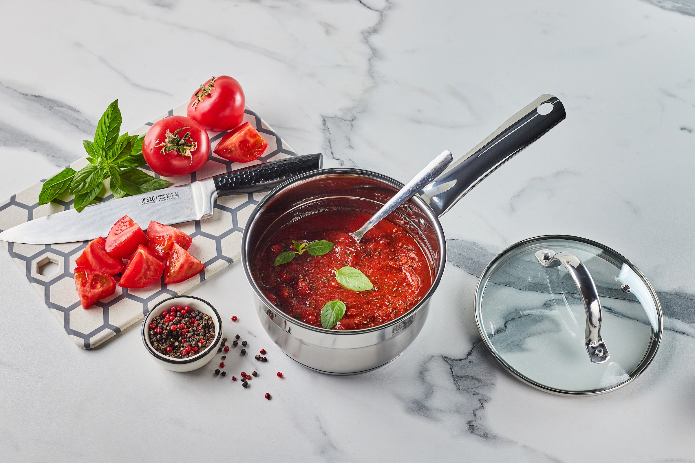 RESTO Kitchenware Topf-Set »RIGEL, spülmaschinengeeignet« Set, 1x Soßentopf Ø 16 cm m. Deckel, 4x Kochtopf Ø 16/18/20/24 cm m. Deckel, 10 tlg. Edelstahl 18/10