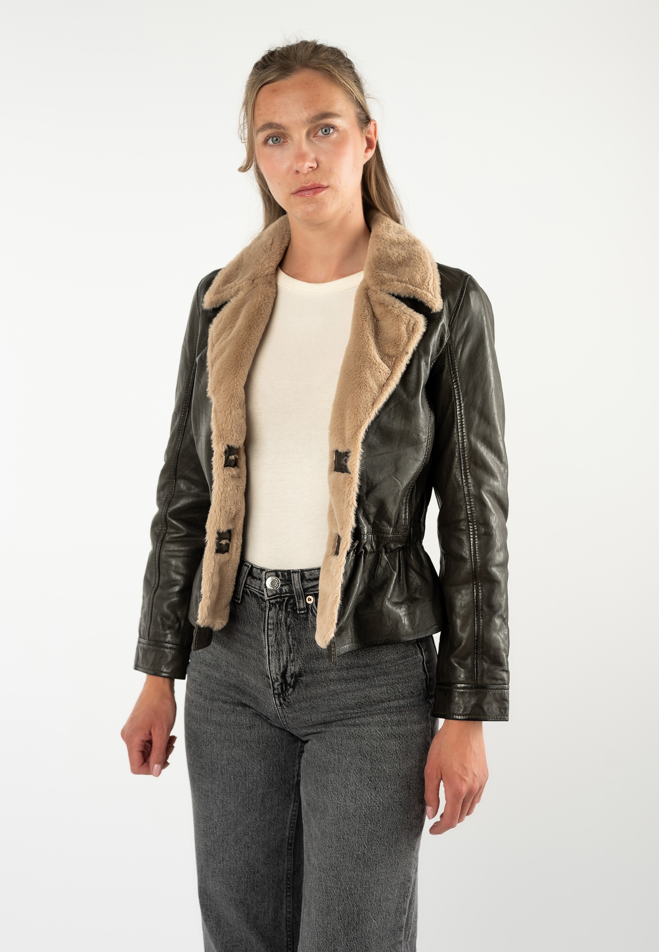 Mauritius Lederjacke »MWIcelyn« mit Reverskragen mit Fake-Fur-Besatz, tailliert