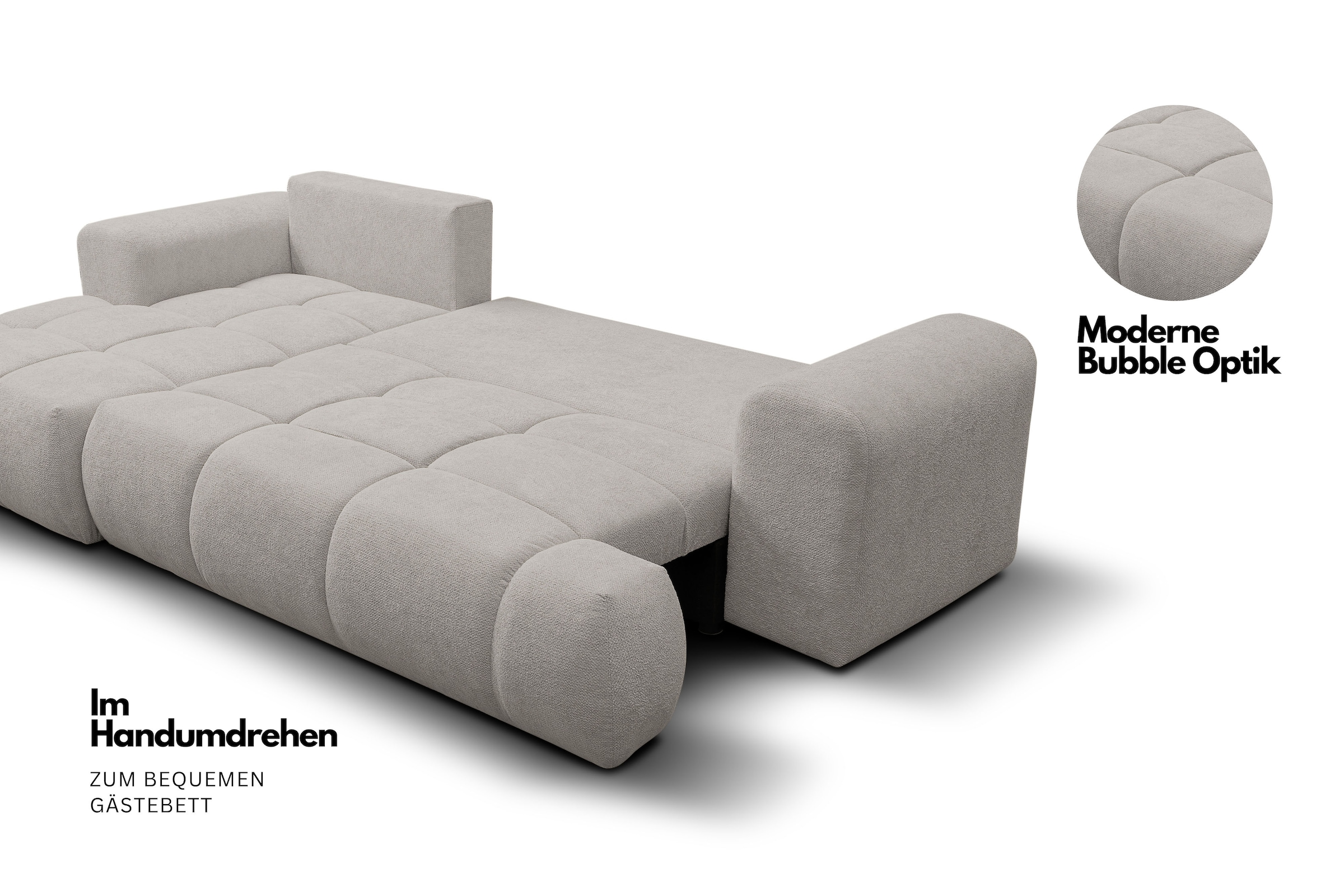 WERK2 Ecksofa »Ewela-Bubble 265 cm breit mit Bett & Bettkasten« Bouclé, L-Form, Schlaffunktion, Bettkasten