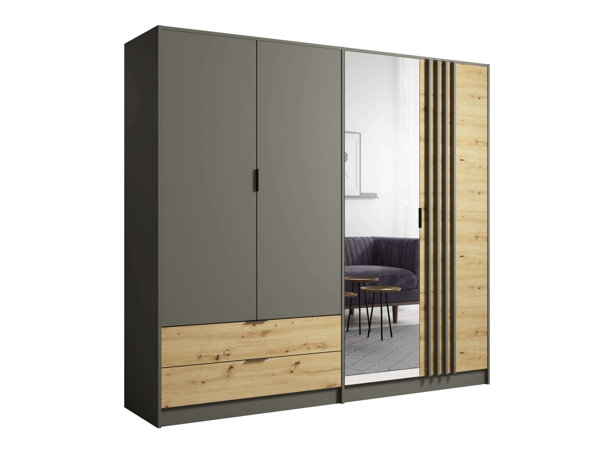 INOSIGN Kleiderschrank »Kleiderschrank Loreto mit Schubkästen und Spiegel, B/T/H 220/54/202 cm«, Schrank mit Drehtüren und Schubladen, Spiegel und MDF-Lamellen