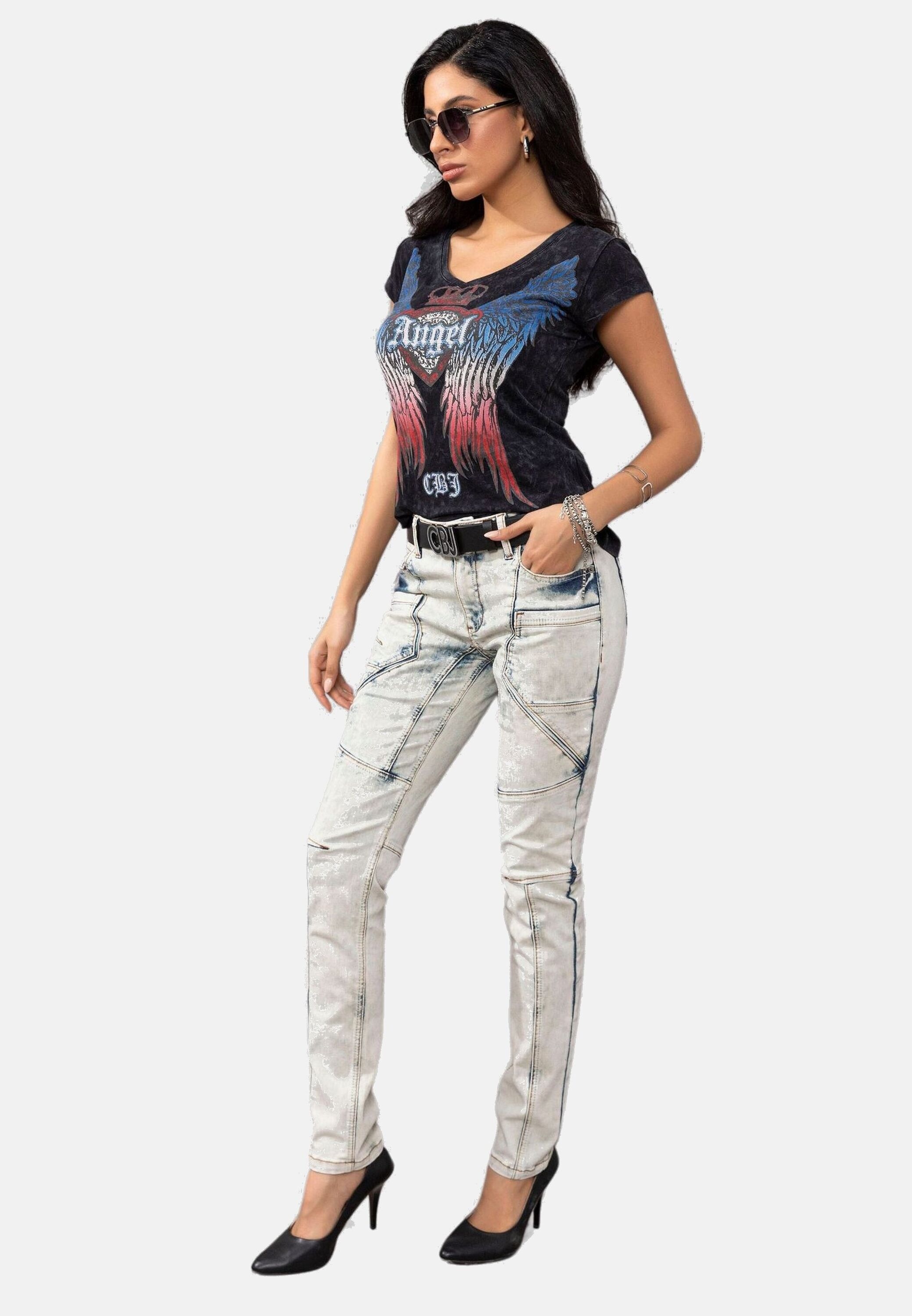 Slim-fit-Jeans CIPO & BAXX "Jeans", Damen, Gr. 31, Länge 32, blau (iceblau), 85% Baumwolle, 14% Polyester, 1% Elasthan, unifarben, slim fit lang, Jeans Slim-fit-Jeans, mit extravagantem Nahtdesign, WD382 3