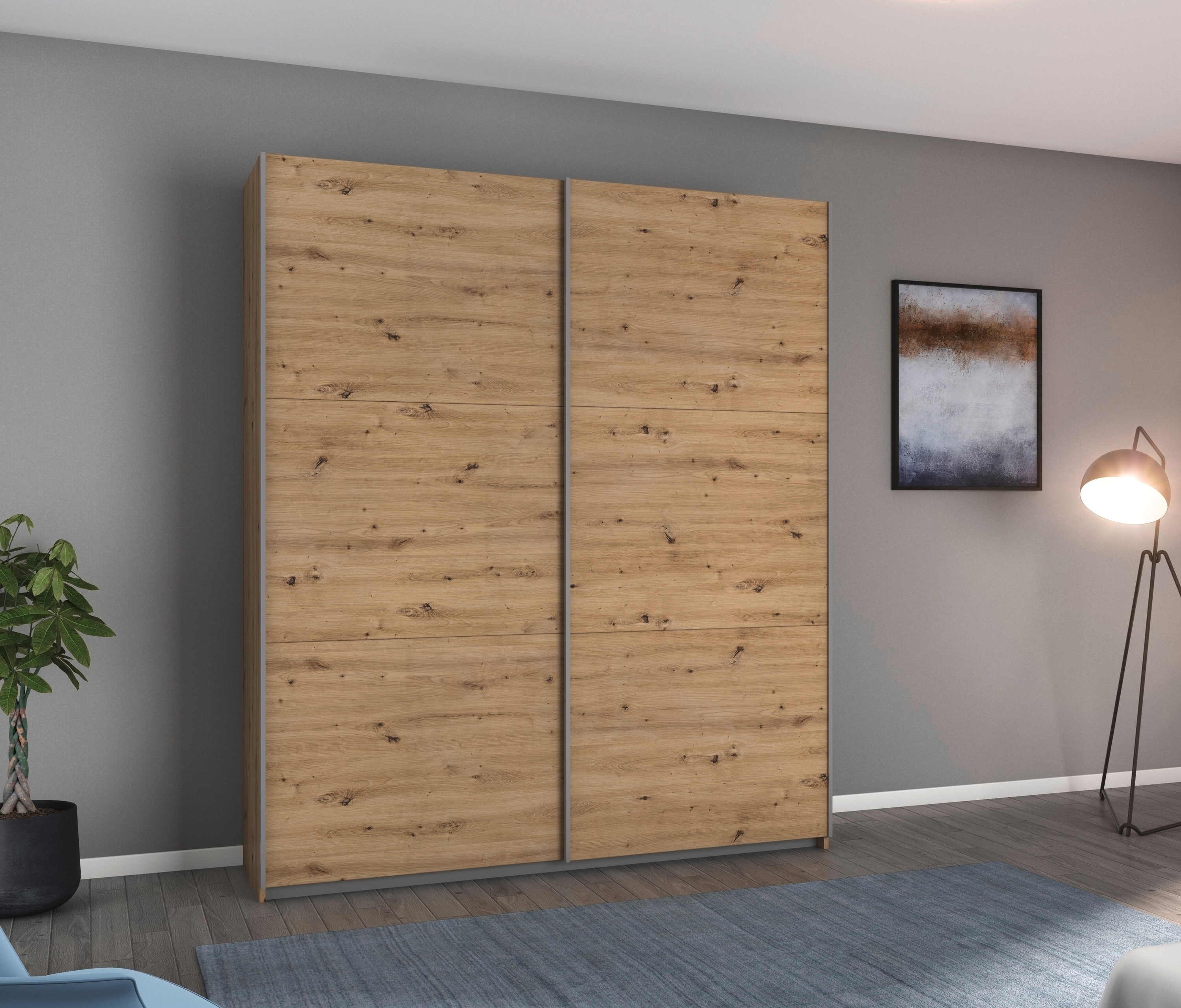 rauch Schwebetürenschrank "AURELIO Kleiderschrank Garderobe" 3 Ausstattungen BASIC/CLASSIC/PREMIUM (inkl. SOFT-CLOSE-FUNKTION), 3 verschiedene Ausstattungsvarianten Griffe aus Metall MADE IN GERMANY
