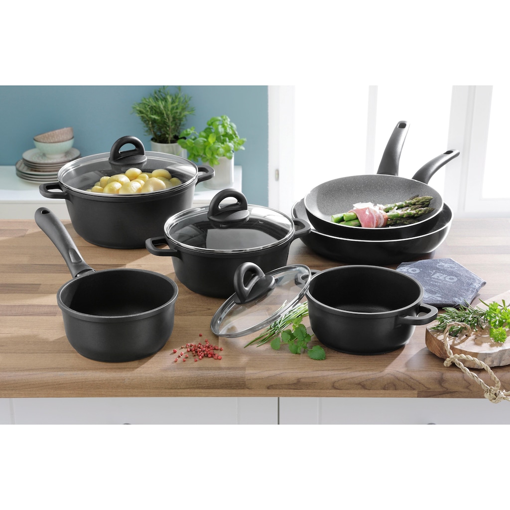 Elo Topf-Set »Black«, Aluminiumguss, (Set, 10 tlg., Kochtopf 16/20/24 cm, Stielkasserolle 16 cm, Bratpfanne 24/28 cm)