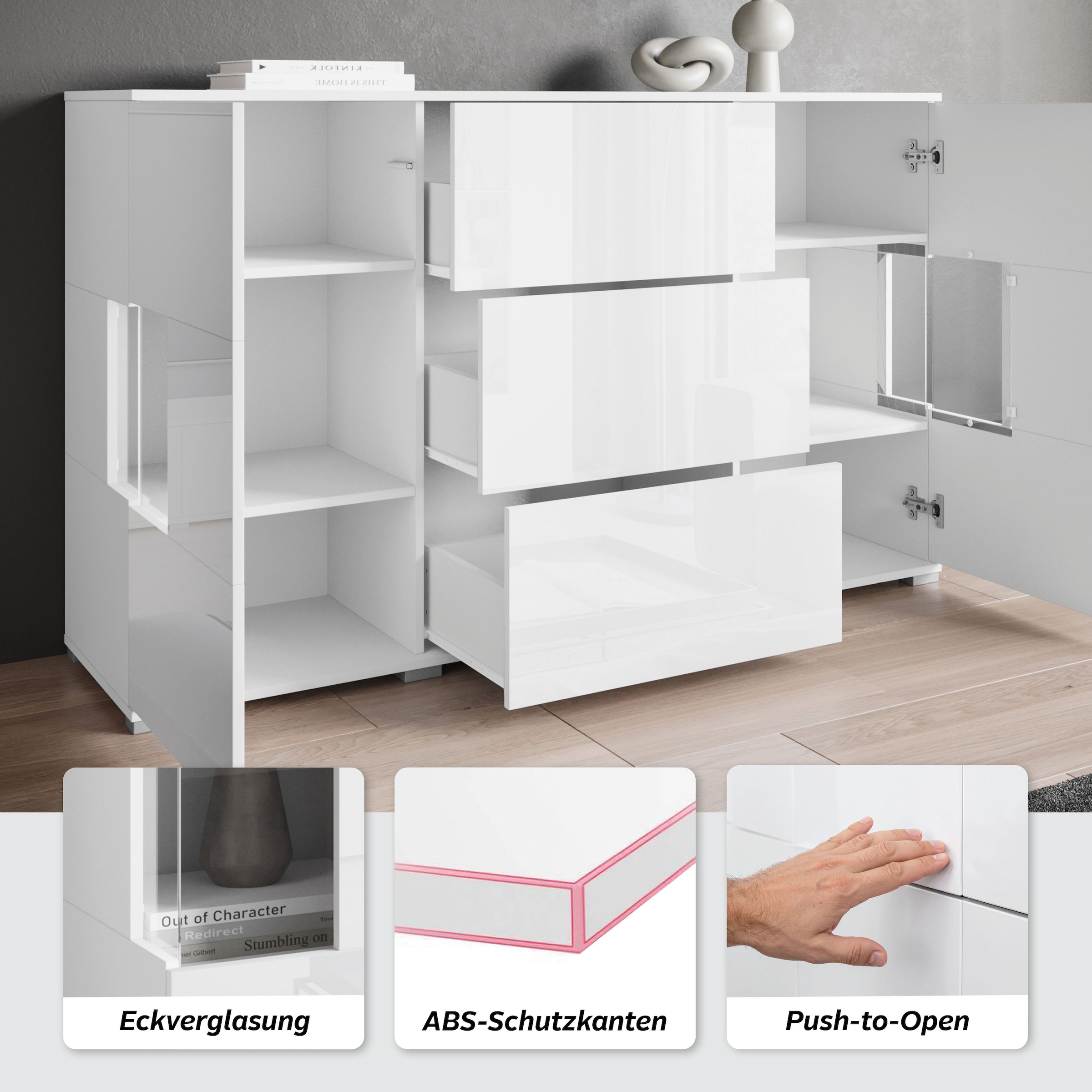 INOSIGN Sideboard »Kenia«, (1 St.), Sideboard mit 3 Schubladen, 6 Fächern, Glastüren, Breite 150 cm