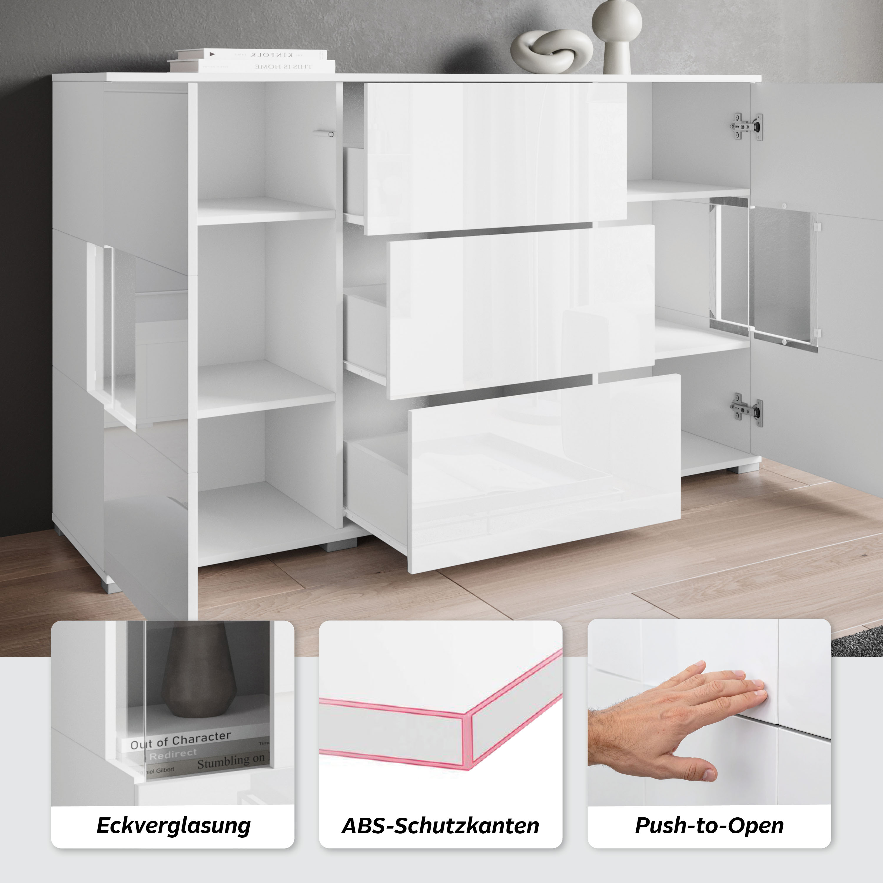 Thumbnail - INOSIGN Sideboard "Kenia", (1 St.), Sideboard mit 3 Schubladen, 6 Fächern, Glastüren, Breite 150 cm