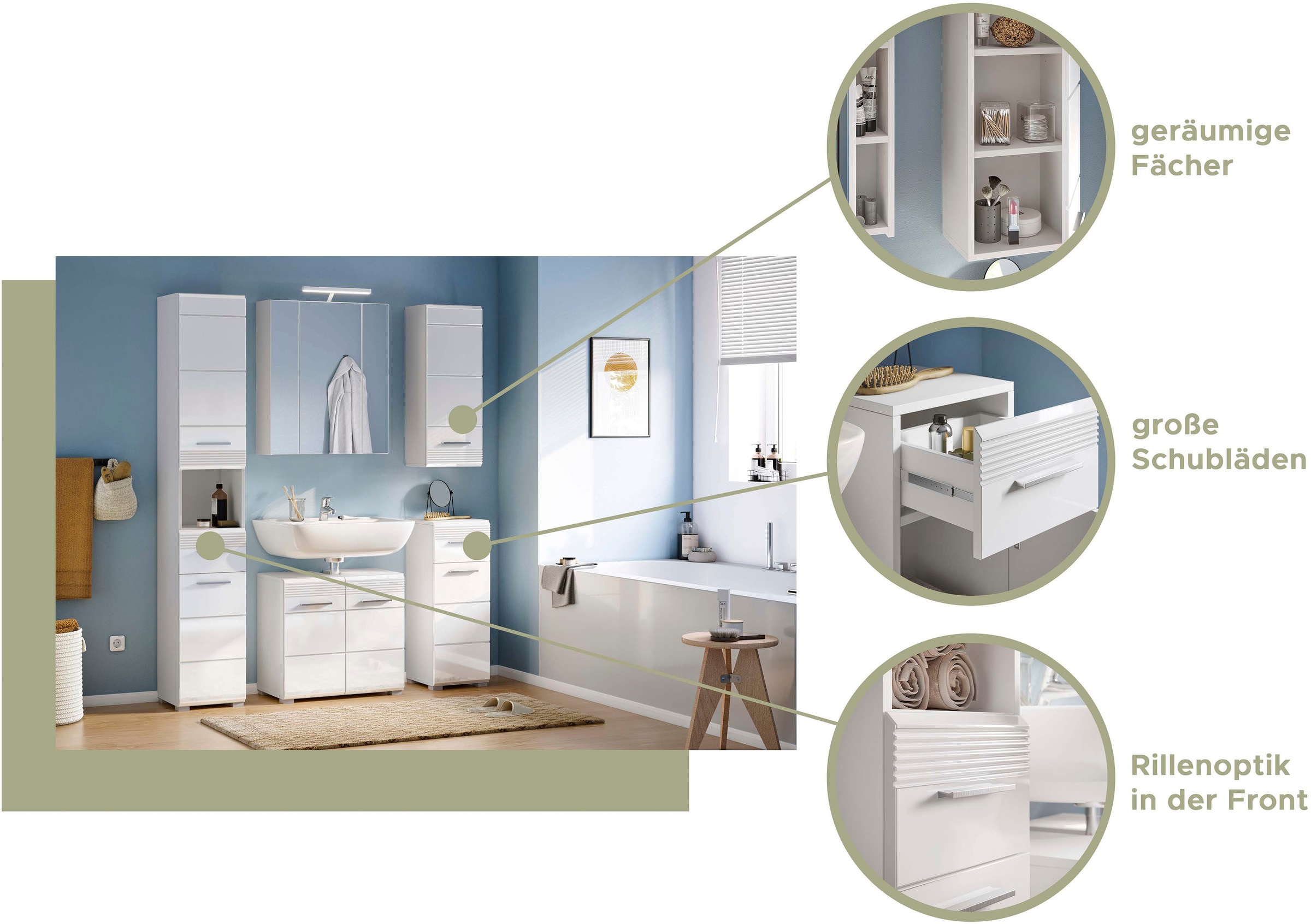 INOSIGN Badmöbel-Set »Malmö, 2 teilig, inklusive LED Beleuchtung, bestehend aus:«, (Set, 2 St.), Waschbeckenunterschrank, Spiegelschrank, LED Badaufsatzleuchte