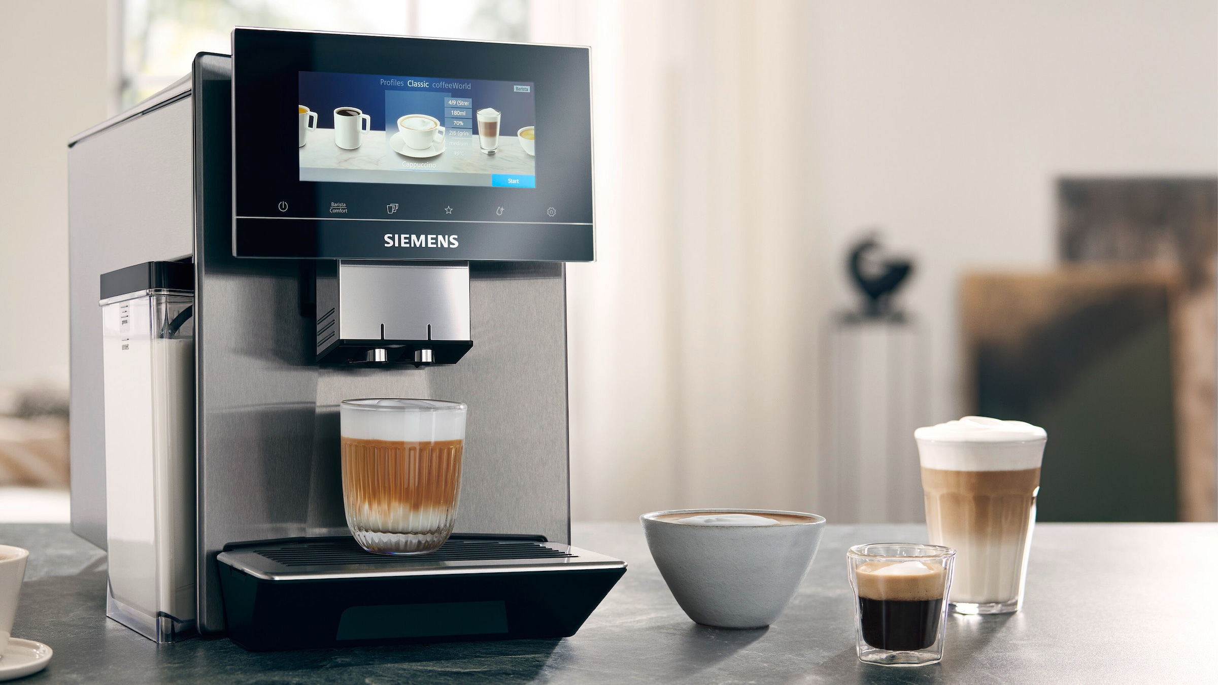 SIEMENS Kaffeevollautomat »EQ900 TQ903D03, intuitives 6,8" TFT-Display, Geräuschreduzierung«, App-Steuerung, Barista-Modus, AromaSelect, 3 Profile, edelstahl