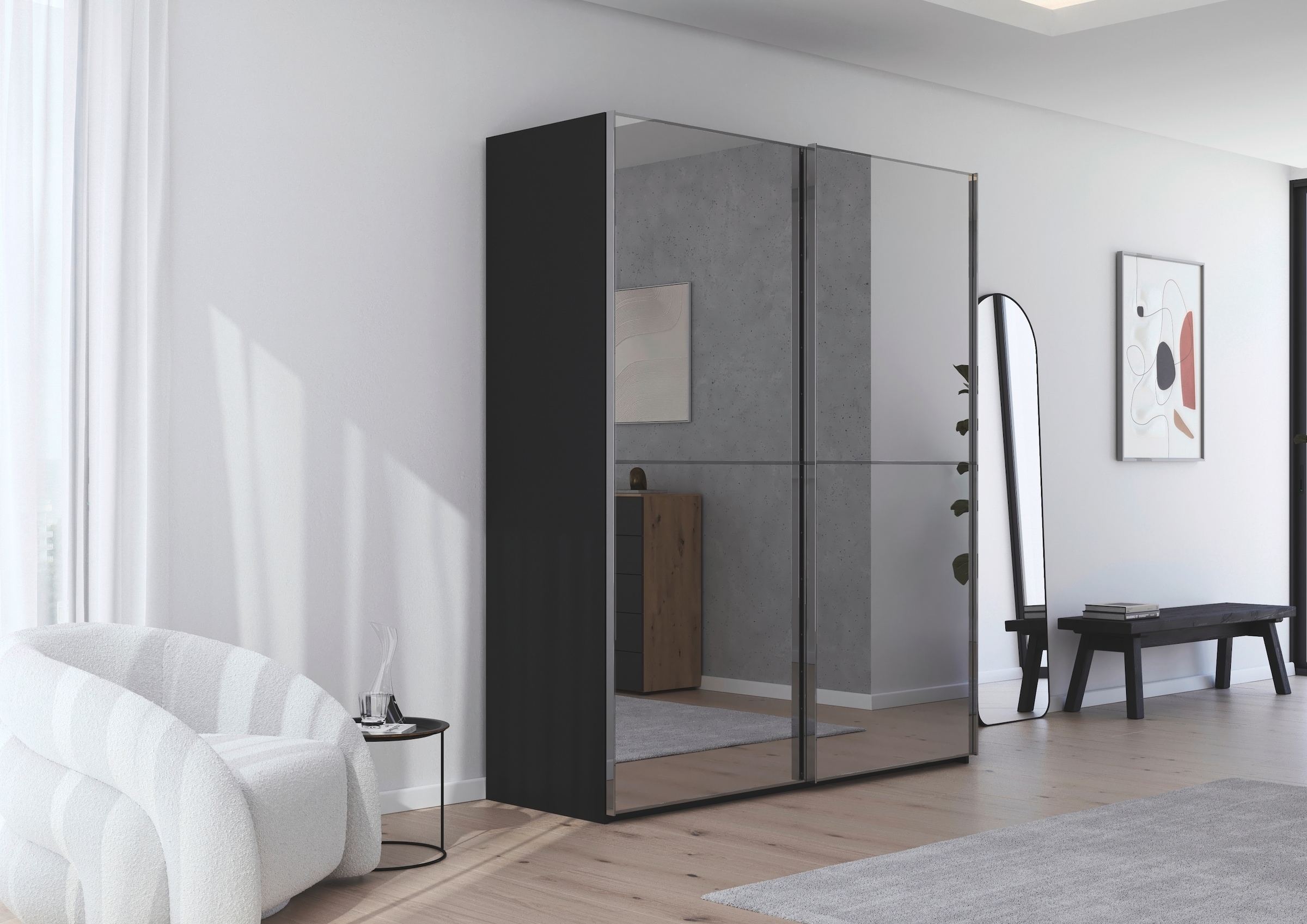 rauch Schwebetürenschrank »Kleiderschrank Schrank Garderobe Schlafzimmerschrank SCALE-DUO«, edle zweigeteilte Türen Spiegelfront und 3 Zierleisten MADE IN GERMANY