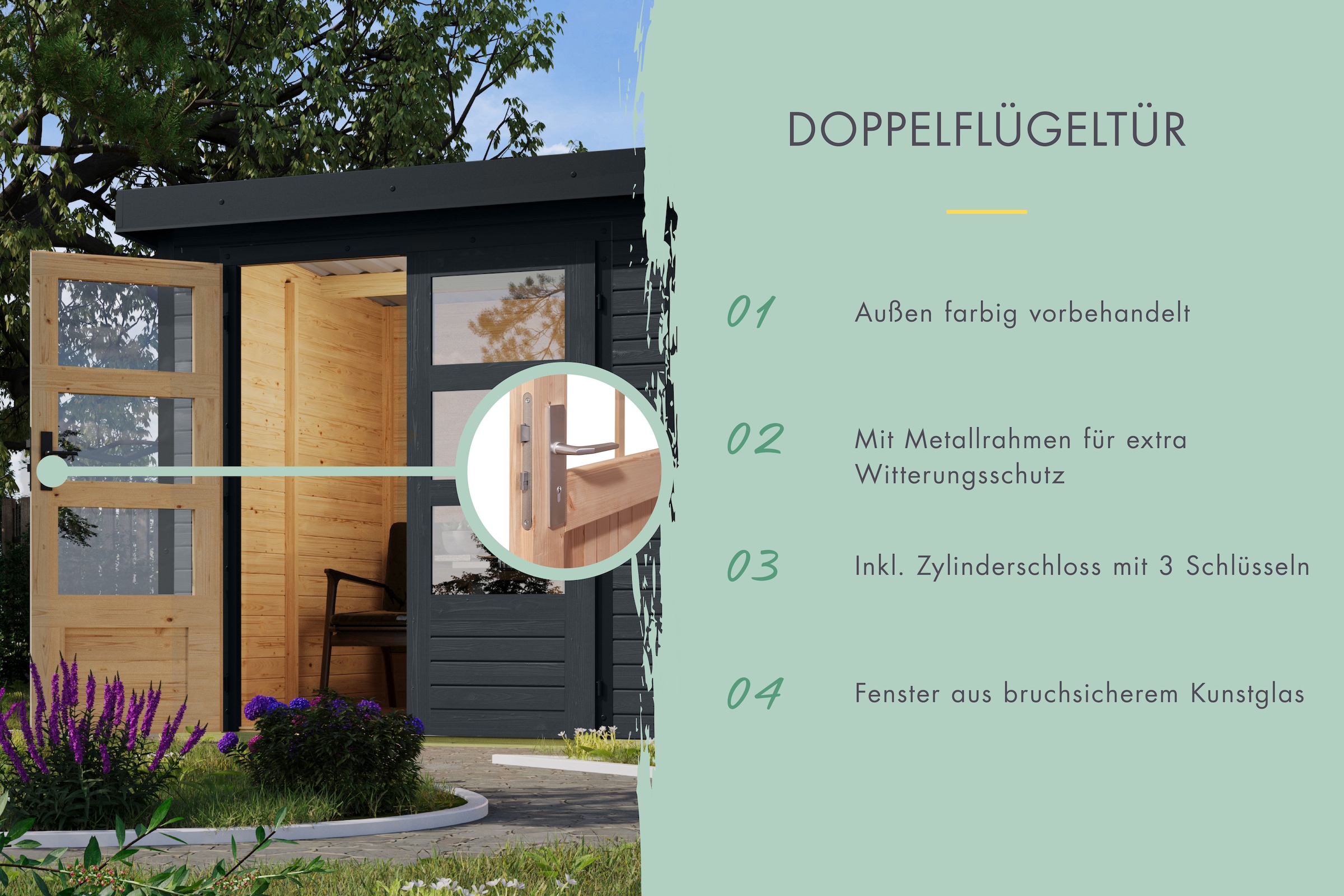 Karibu Gartenhaus »"Jupiter 3,5 C" SET anthrazit, mit Anbaudach 2,35 m breit«, hochwertige Materialien: nordische Fichte, Stahlecken, Trapezblechdach
