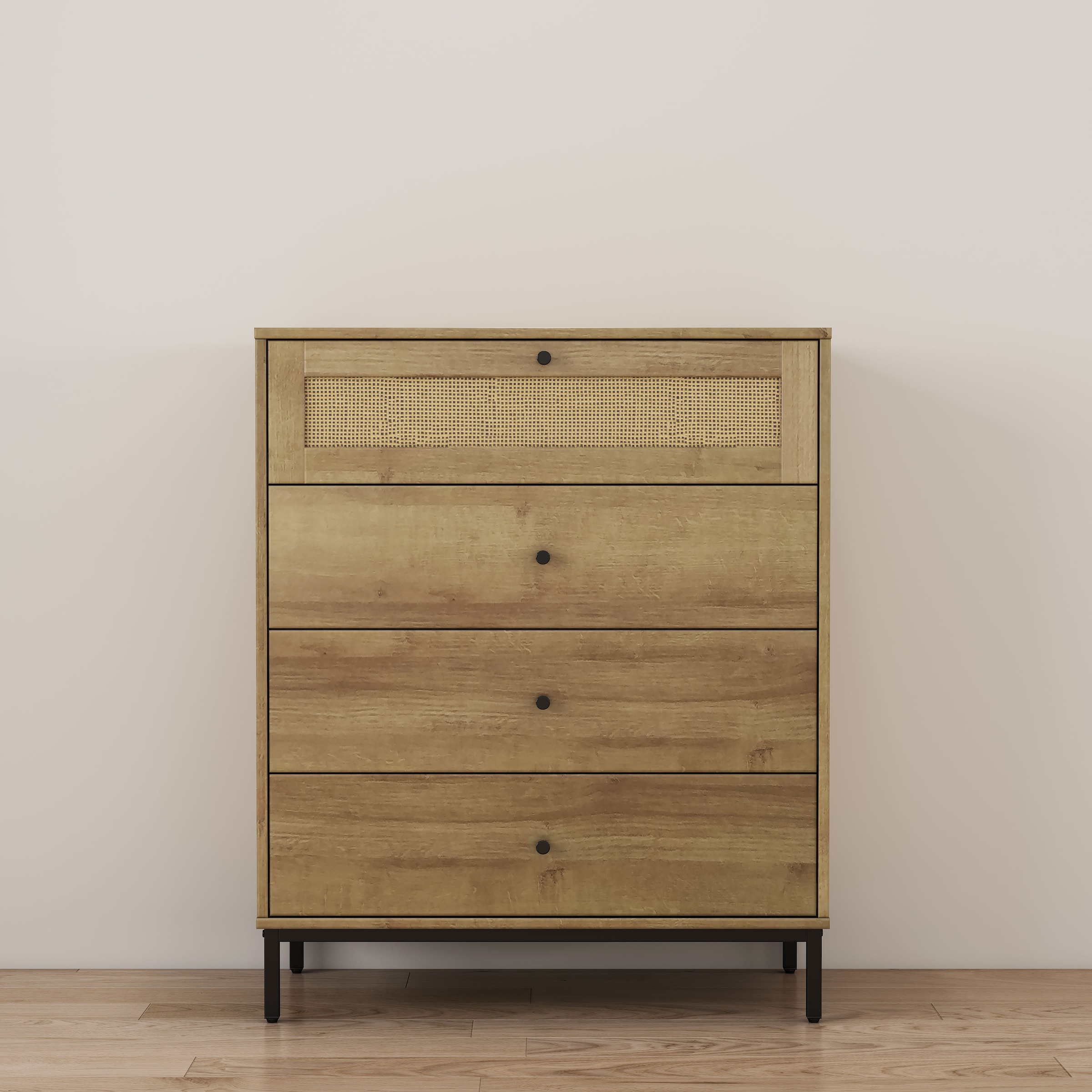OTTO home Kombikommode »Motala Sideboard Wäscheschrank im BOHO Design Bestseller Kommode« Eichen-Design mit Geflecht Schublade und schwarzen Griffen, 