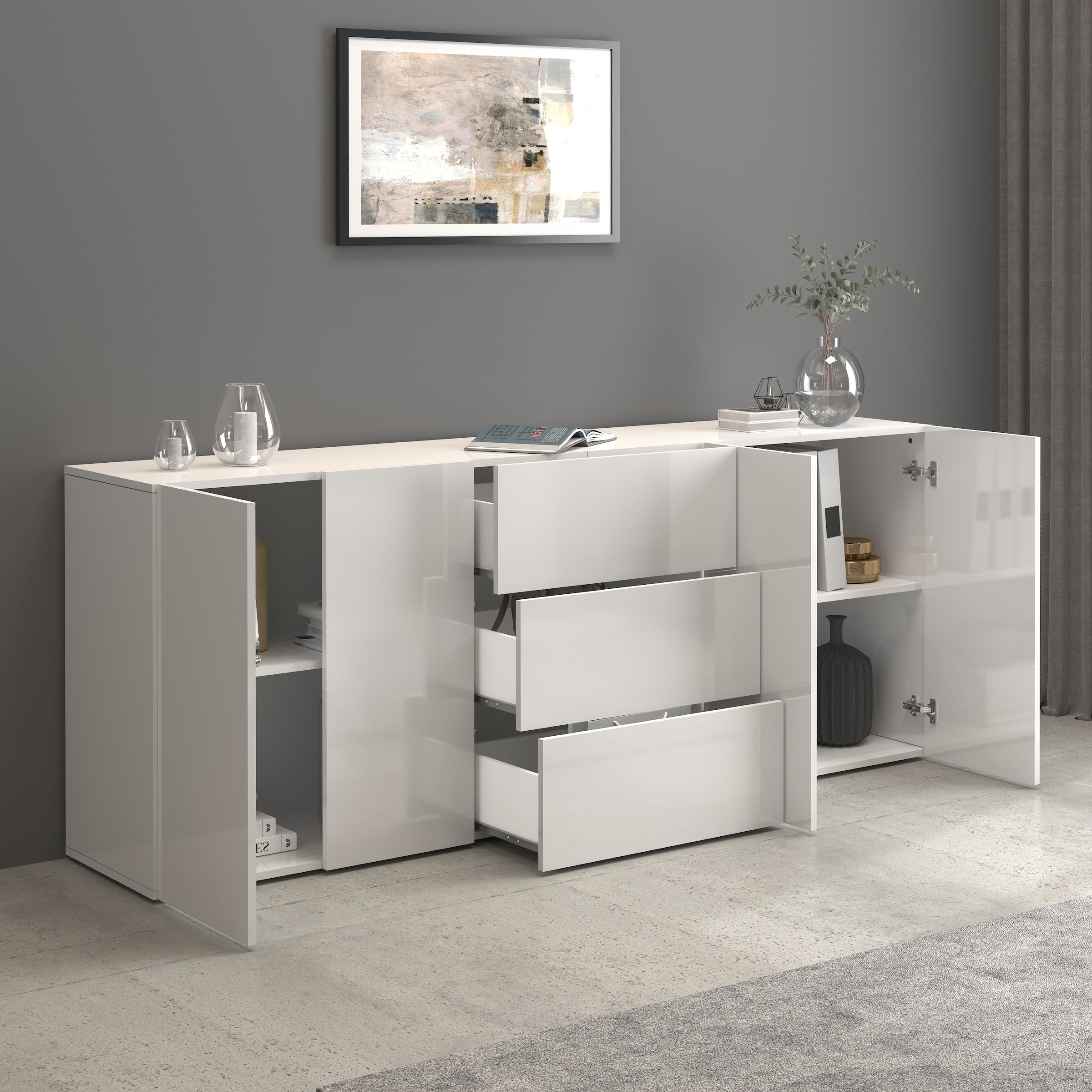 INOSIGN Sideboard »Egypt, Kommode, Schrank, Kredenz, grifflos«, 4 Türen, 3 Schubkästen mit Push-To-Open Funktion, Hochglanz Breite 200