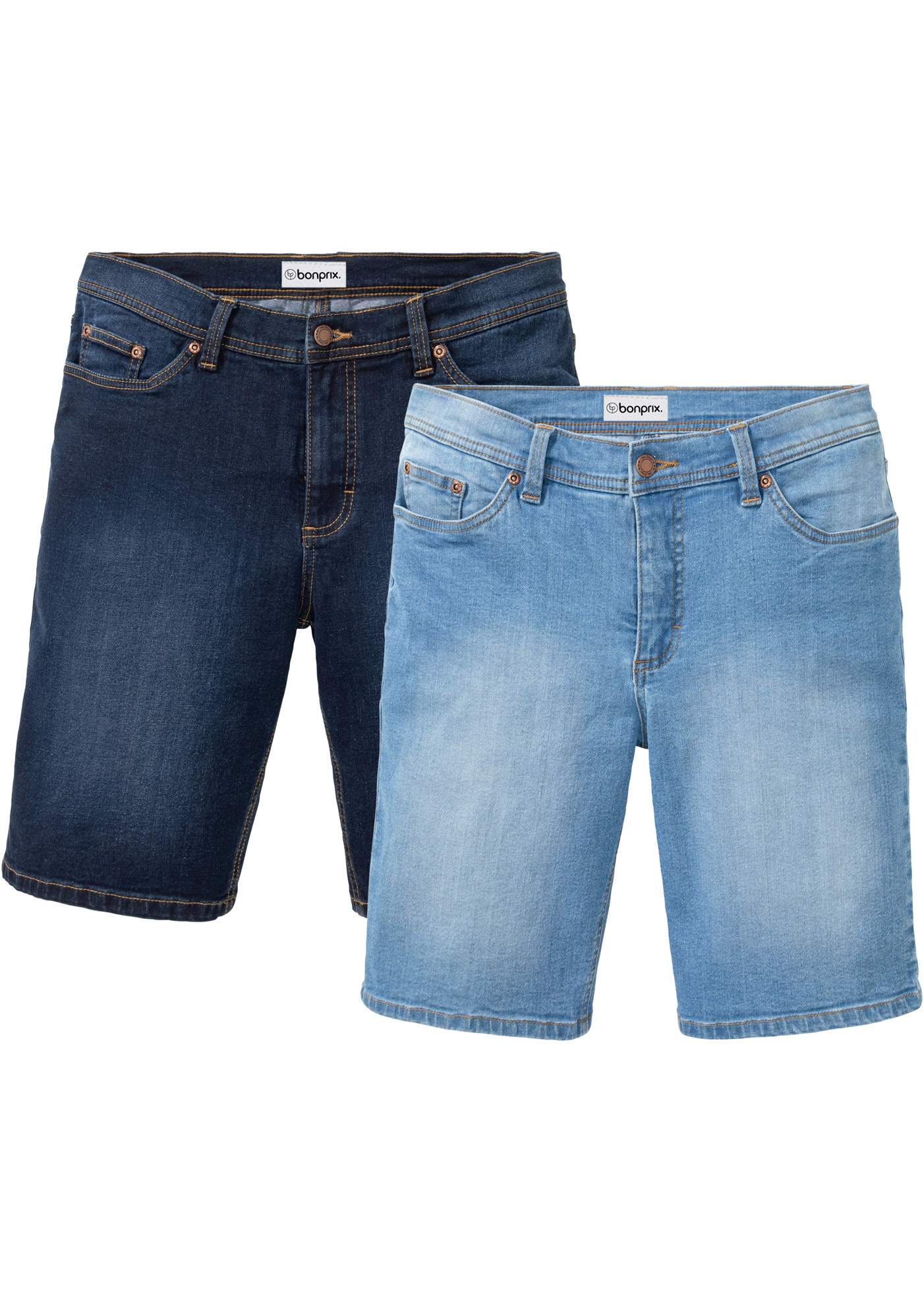bonprix Jeansbermudas Packung, 2er, 2 mit Elasthan-Anteil, im Straight Fit, mit Used-Effekten, 5-Pocket-Form